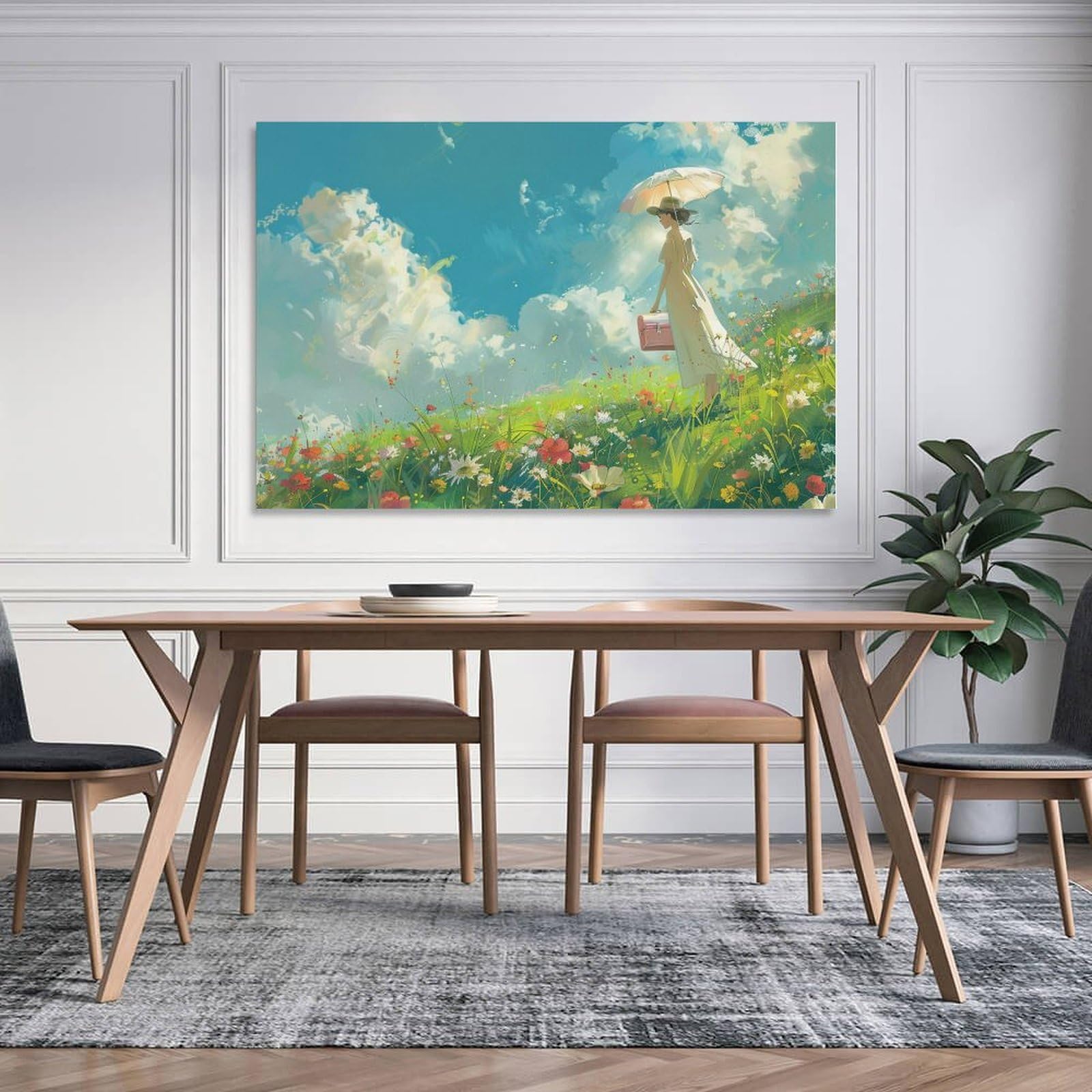 Amazon.co.jp: 絵画 花畑の景色を眺める白いドレスの女性 アートパネル