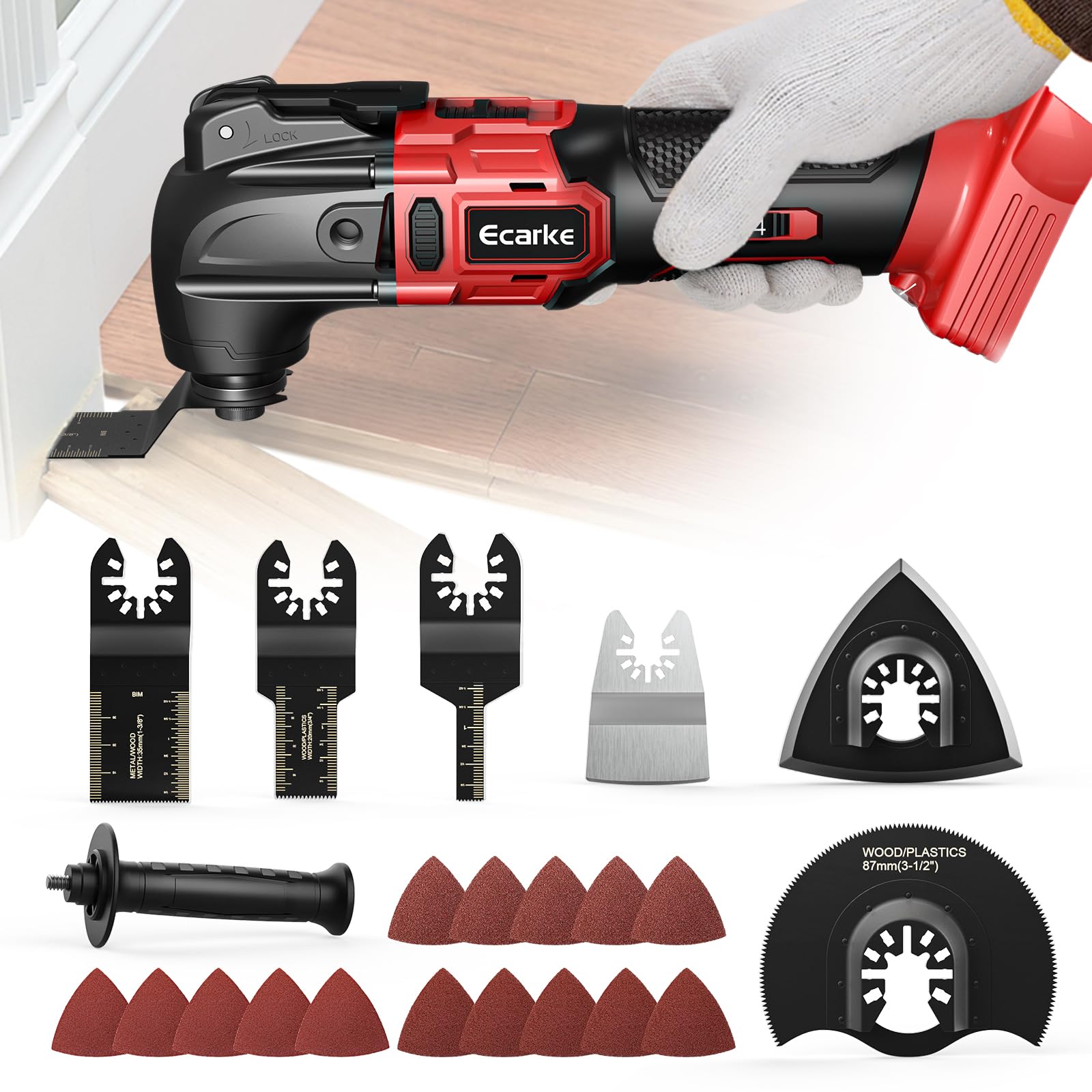 Ecarke Multiherramienta Oscilante Compatible con Baterías M-ilwaukee 18V, con 6 Velocidades Ajustables y Motor sin Escobillas para Raspar, Limar, con 23 Accesorios(Solo Herramienta)-Rojo