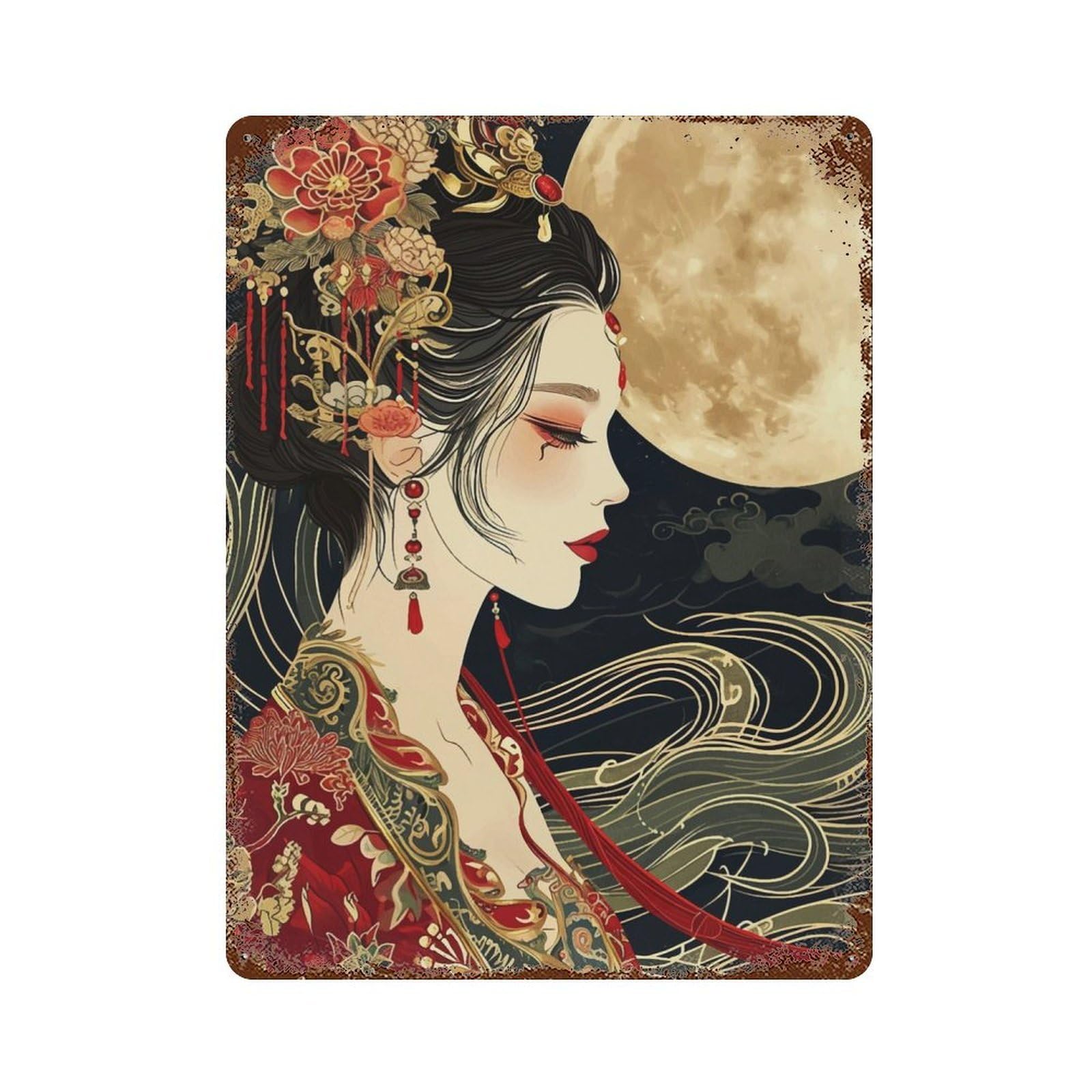 Garage Style Geisha Japanese Rustic Tin Plaque 15.7"x11.8", Classic Wall Plaque for Bar And Workshop