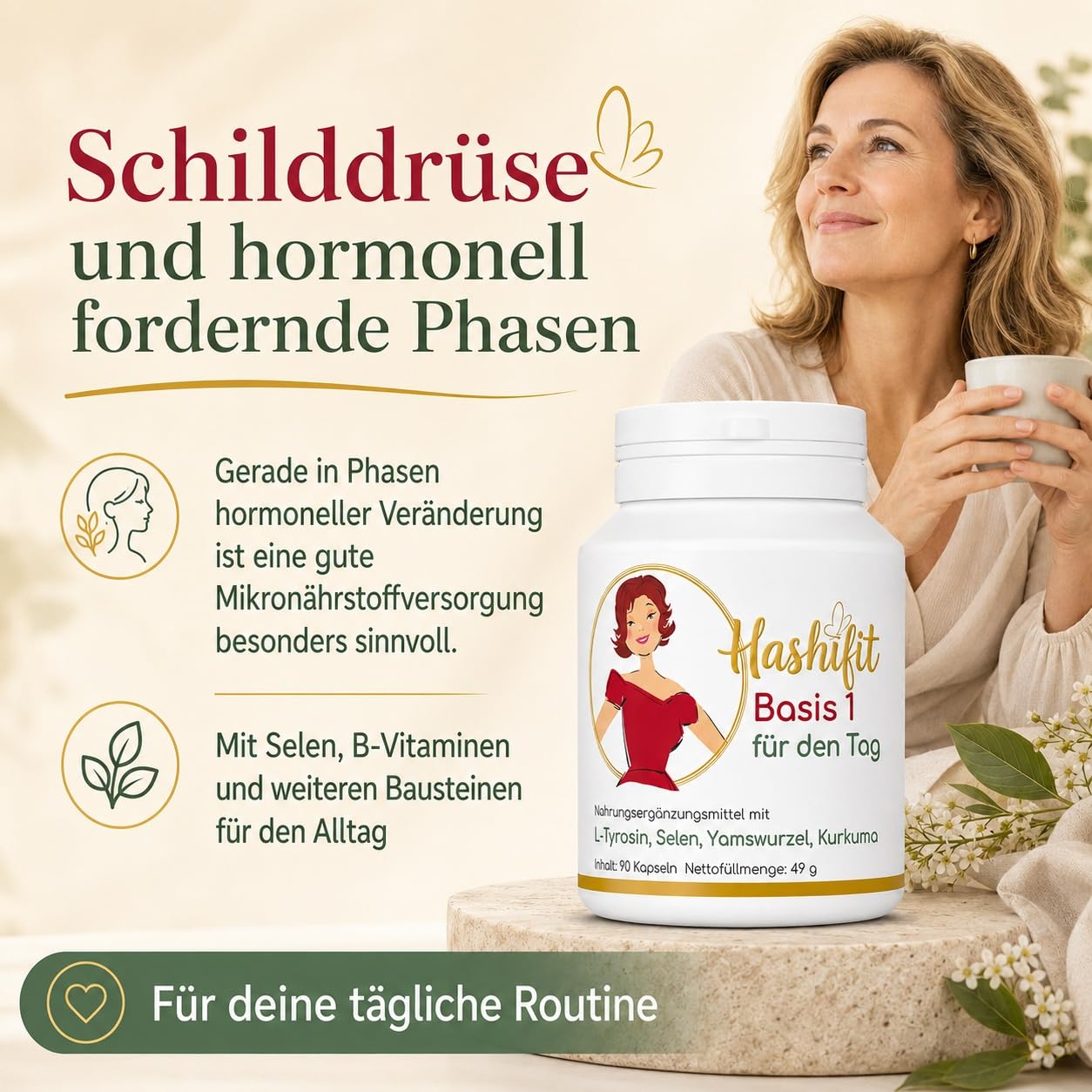 Basis 1, Schilddrüse Komplex mit Selen, L-Tyrosin Yamswurzel Kurkuma und mehr, Wechseljahre Kapseln, Hashimoto Kapseln – Energie und Wohlbefinden, hochdosiert vegan, ohne Jod, Monatspackung | 200 µg Selen + 450 mg L-Tyrosin, Q10 & B6 – jodfrei, vegan, 15