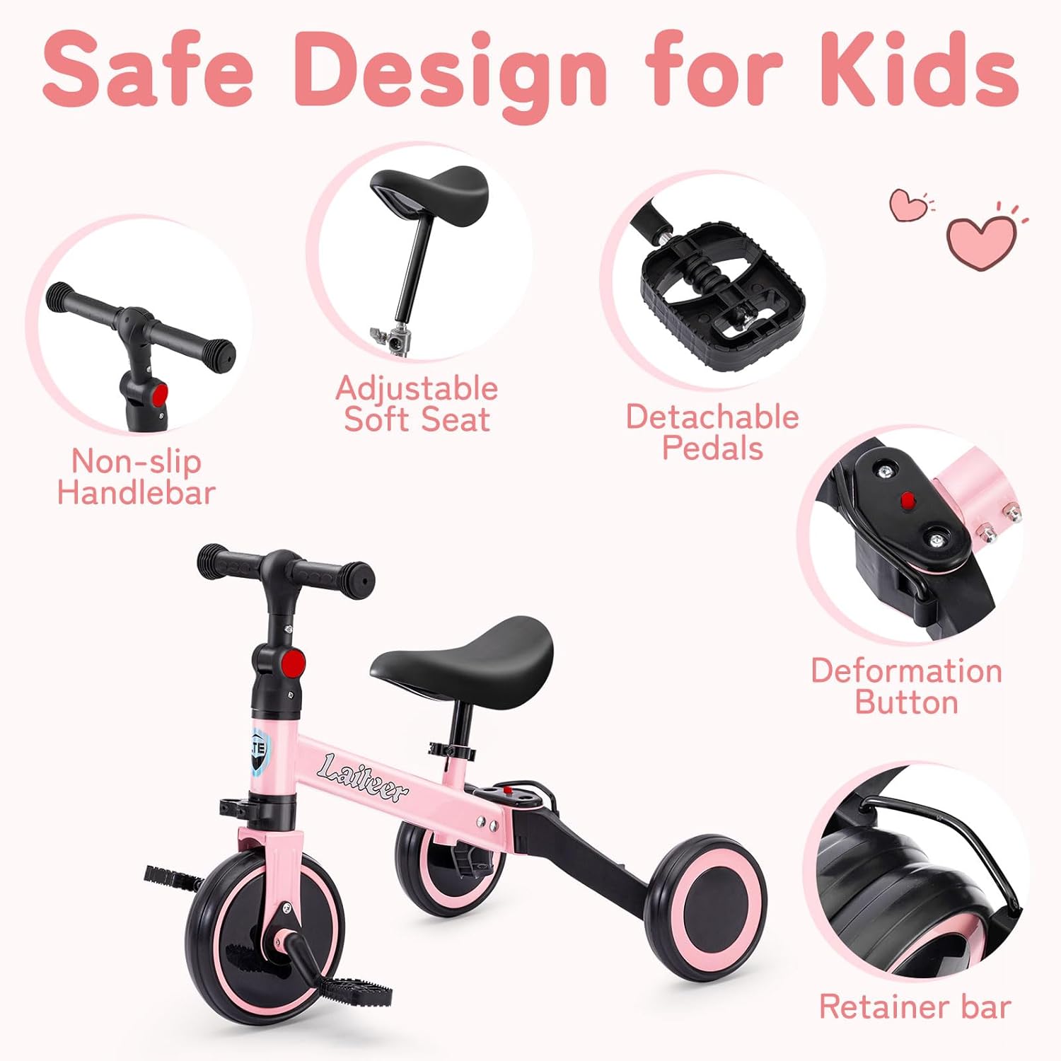 3 in 1 Tricycle for Toddler Age 2-5 Years Old, Folding Kids Balance Bike with Adjustable Seat & Removable Pedal, Indoor Outdoor Ride-on Toys for Infant, Baby Trike for Boy and Girl, Pink