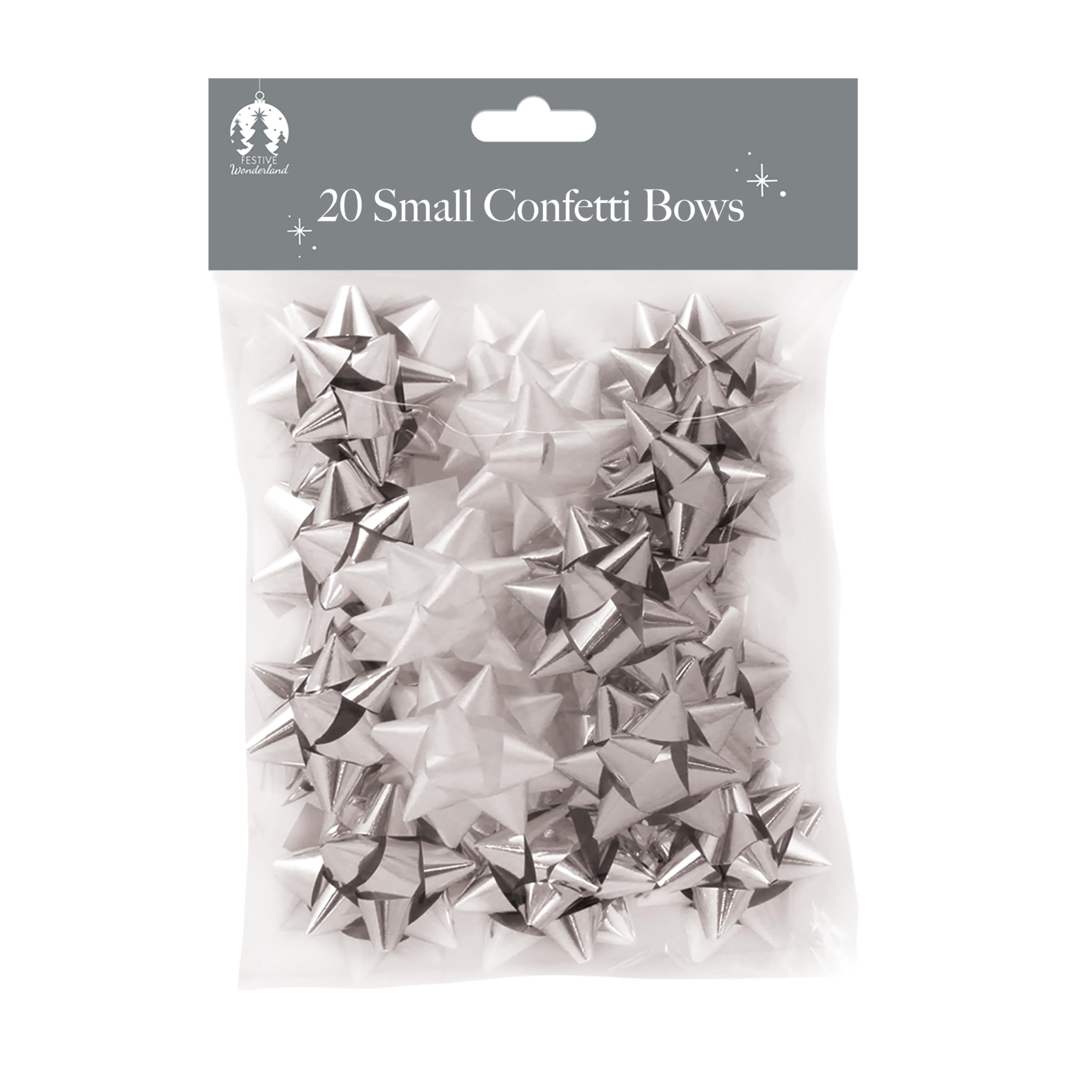 Tallon 20 Small Silver Christmas Confetti Bows – Metallic Gift Wrapping Accessories – Self-Adhesive Bows for Xmas Presents, Hampers & Seasonal Packaging