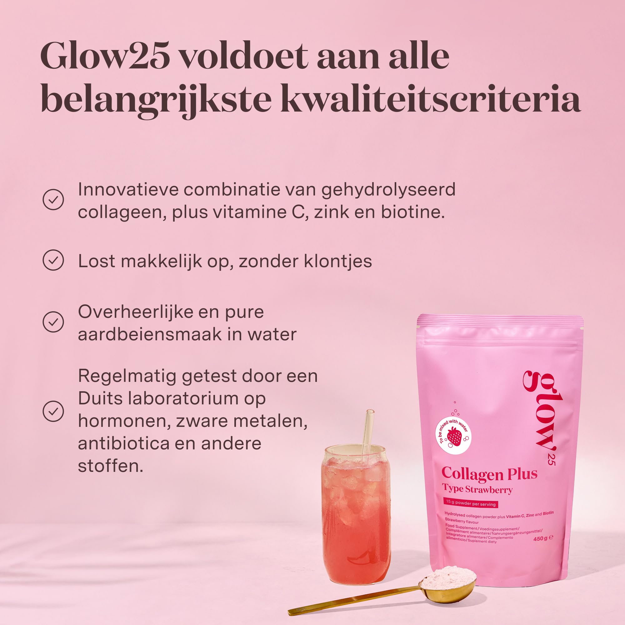 Glow25® Collagen Plus Typ Strawberry [3x450g] – Kollagen Hydrolysat mit Vitamin C, Zink und Biotin – Peptide Typ 1 und 3 – Speziell für Wasser entwickelt – Mit Erdbeer-Geschmack