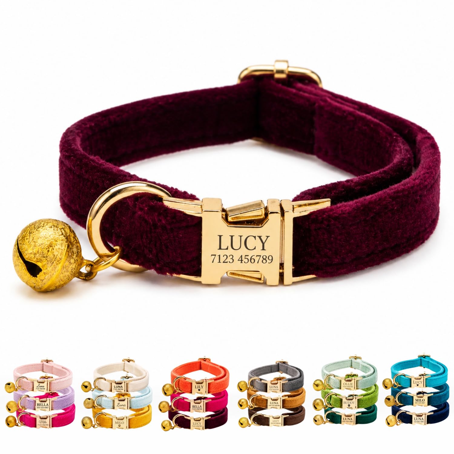 Velvet Personalised Cat Collar with Name & Phone Number Engraving – Adjustable Pet Collar with Metal Buckle & Bell – Soft Kitten ID Tag Collar for Cats Puppy – Gift for Pet Owners UK