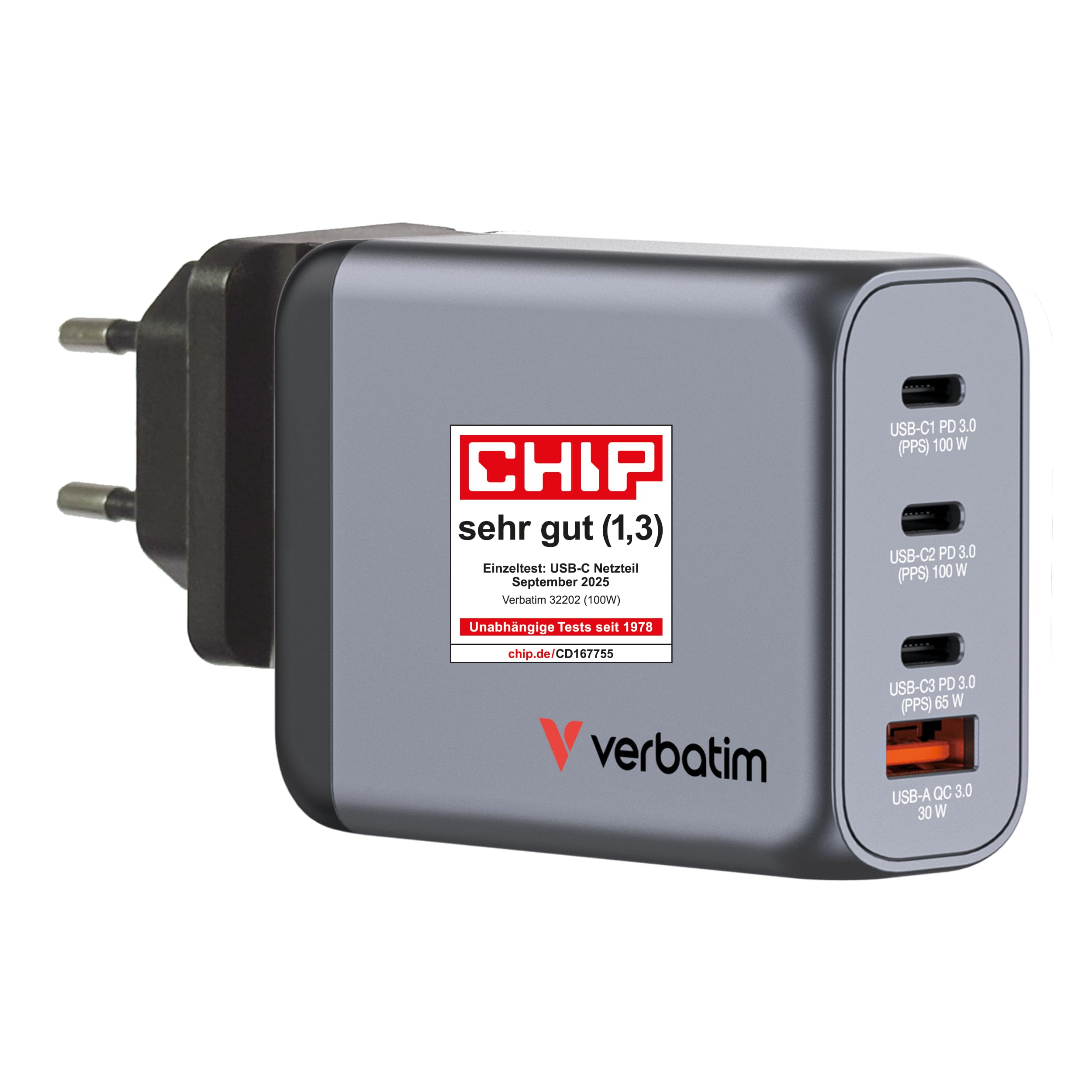Verbatim GaN Charger 100 W, 4 Ports USB-C Ladegerät, Power Adapter mit 3 x USB-C und 1 x USB-A, Schnellladegerät als Mehrfachstecker, für Apple MacBook, Notebook, iPad, iPhone, Samsung und Co