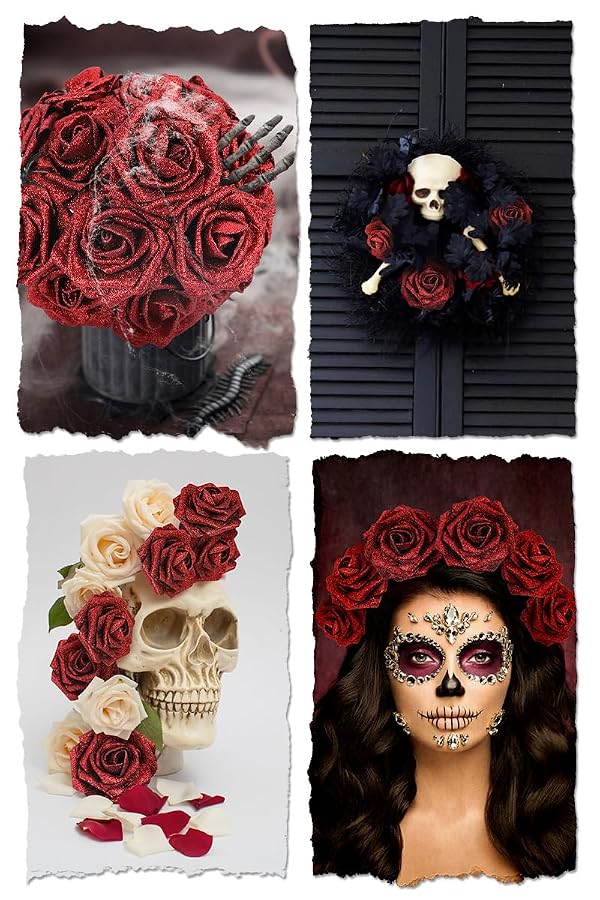 N&T NIETING Artificial Flowers Glowing Red Flowers Foam 25pcs Glitter Roses Real Touch Fake Roses with Stem for DIY Wedding Bouquets Centerpieces Bridal Shower Party Home Tables Halloween Decorations by N&T NIETING - Image 3