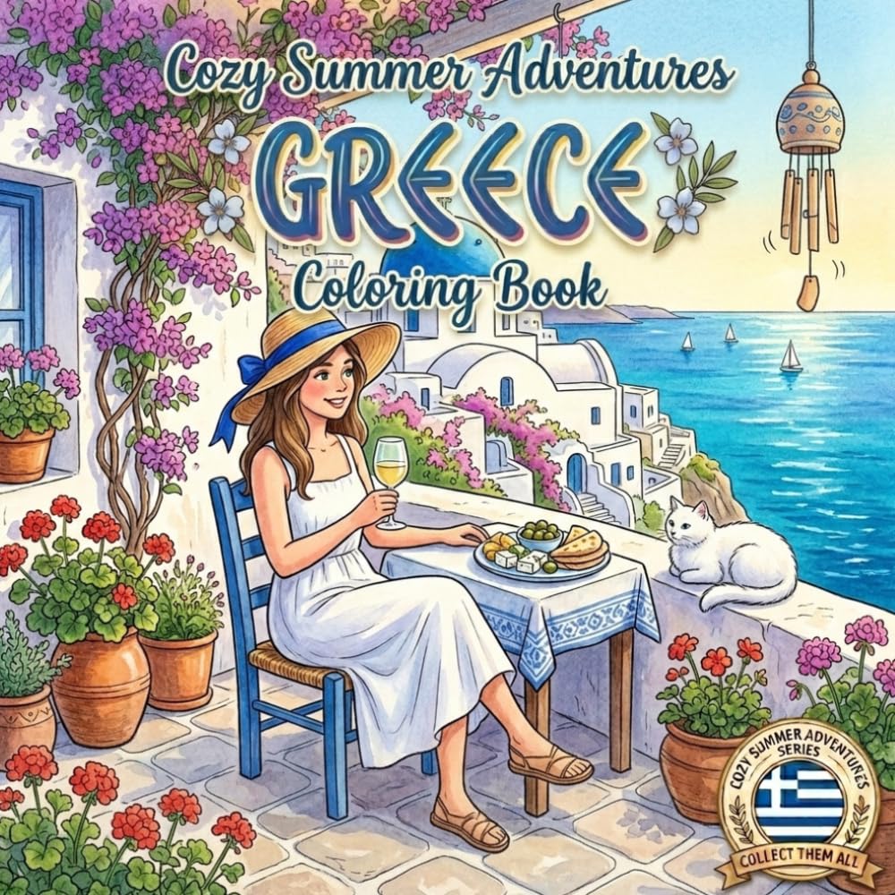 Cozy Summer Adventures: Greece Coloring Book: 40 Cozy Coloring Pages Featuring Athens, Santorini, Mykonos, Crete and the Greek Islands — Perfect for Adults and Teens