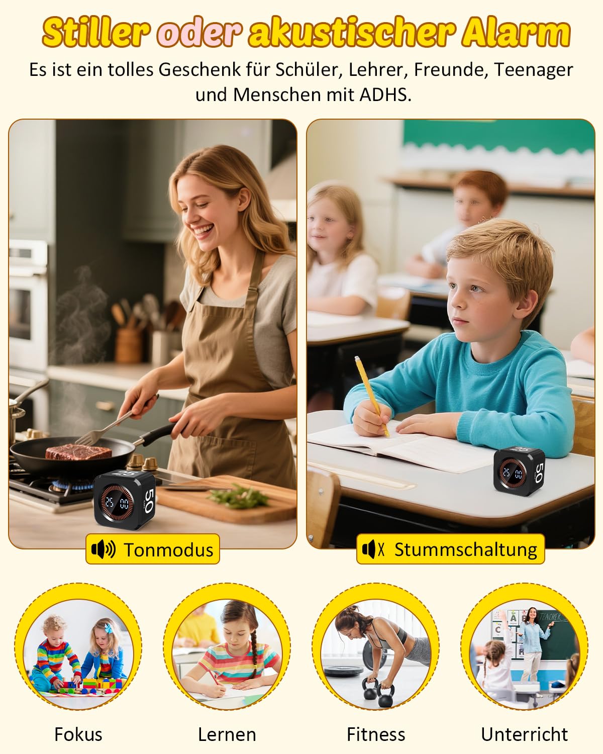 Pomodoro Timer Cube, Visueller Würfel-Timer für Kinder, Digitale LED Drehbarer Timer mit 5/10/25/50 Min & Custom Countdown, Lautlos/Ton Modi, USB-C für Lernen, Arbeit, Küche, ADHS (Schwarz)