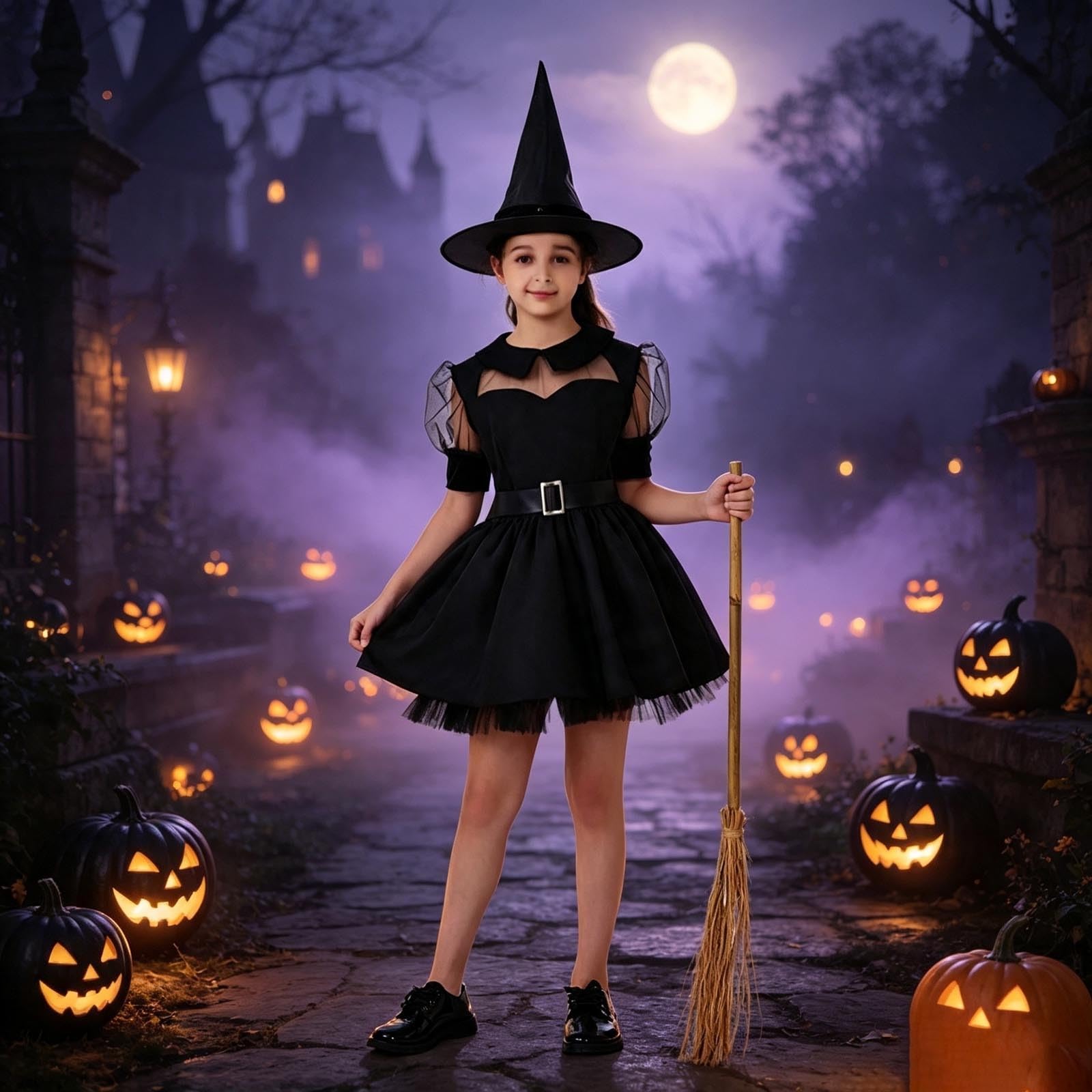 Generisch Incantevole costume da strega per bambini con maniche a scalate, abito nero per ragazze, vestito magico per feste per bambini, vestito per travestimenti per la stagione