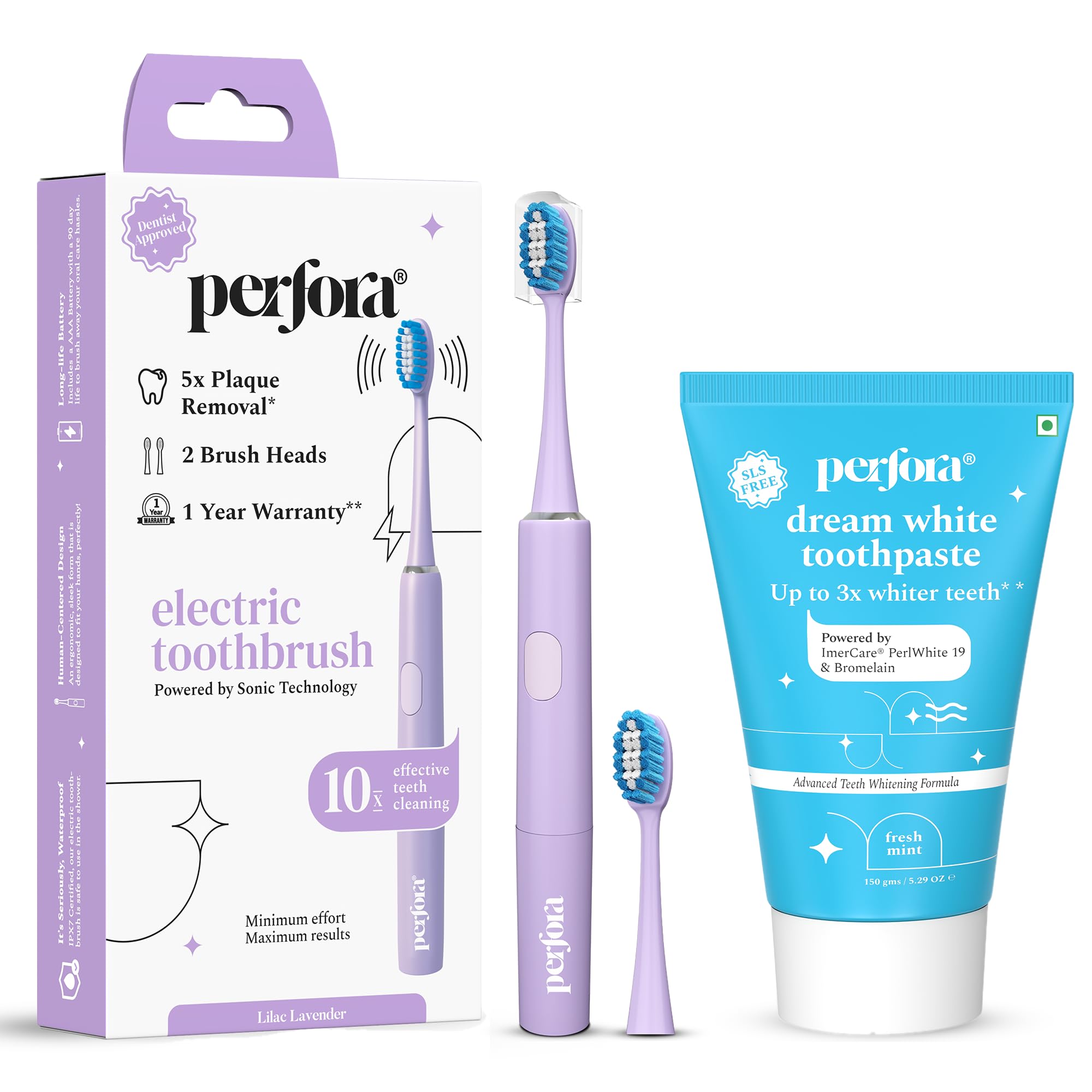 Perfora Teeth Whitening Routine Care Combo | Lilac Lavender Electric Toothbrush 002 | Dream White Toothpaste | Fresh Mint Flavor | SLS Free | For Kids & Adults | Pack Of 2-image-8