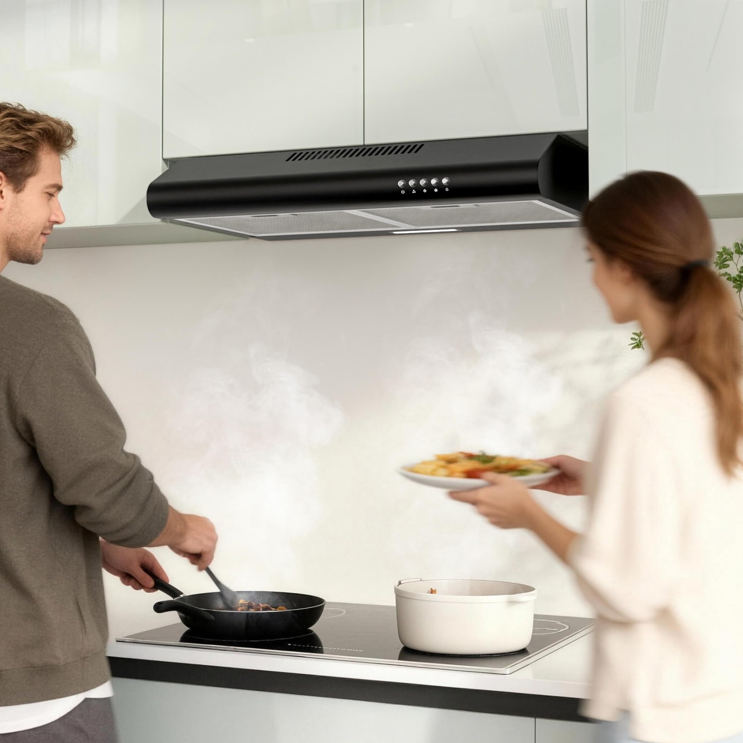FIREGAS 60cm Black Cooker Hood, 250m³/h Kitchen Extractor with Push Button Control, 3 Speeds, Quiet Brushless Motor, A+ Energy Rating, LED Light, Ducted or Recirculation - 3