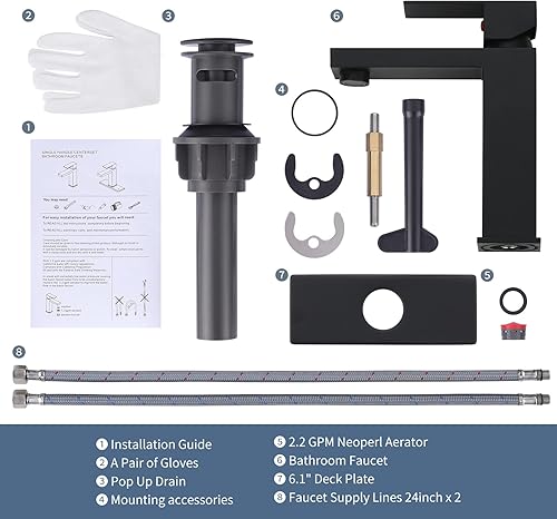 Miniatura 7 de ARCORA - Grifo de baño negro mate para lavabo de baño, grifo de baño moderno de un solo orificio con líneas de suministro cUPC y drenaje desplegable