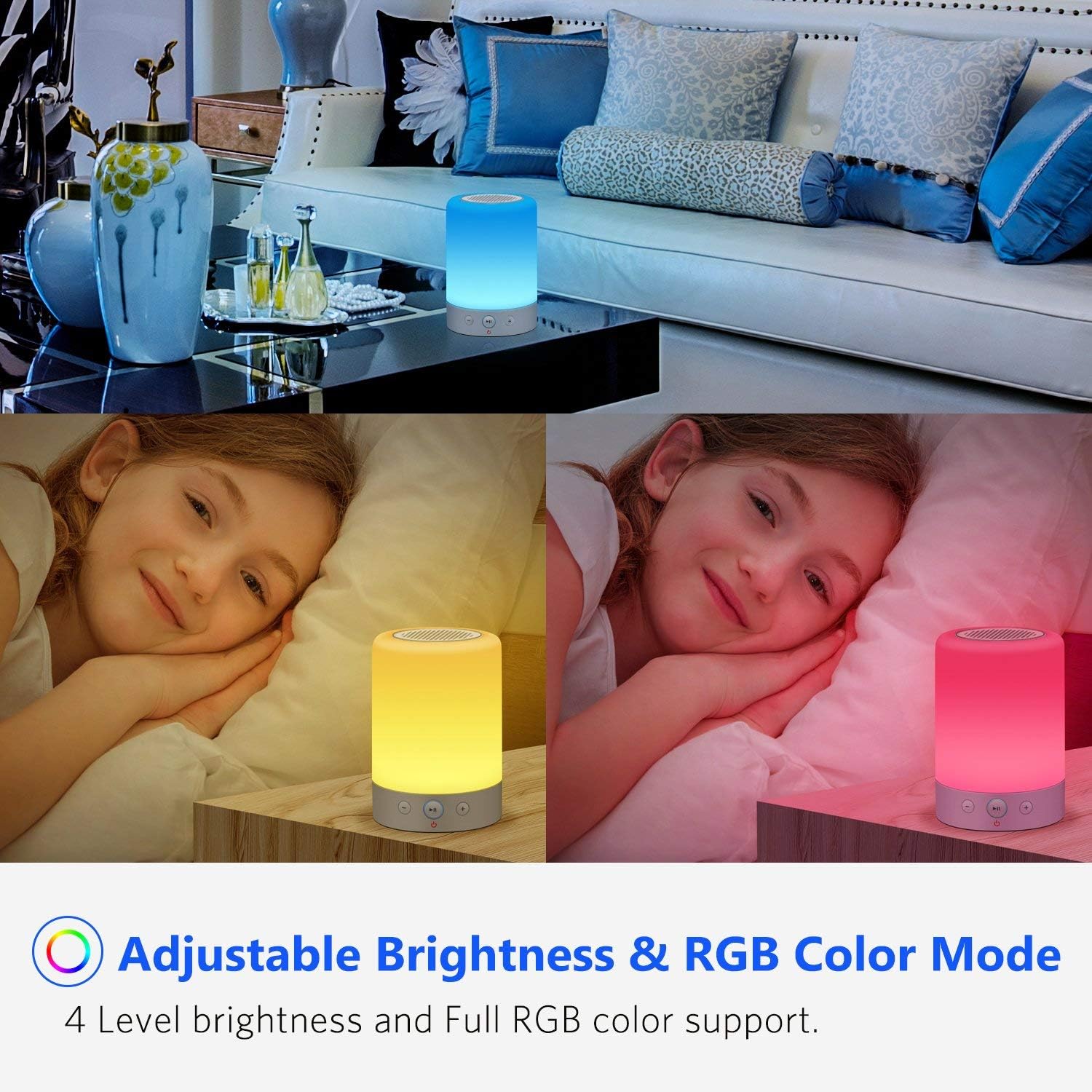 Frее Shірріng Ovеr $50 Bluetooth Speakers with Lights, Portable Wireless Stereo Speaker with Touch LED Bedside Night Lamp, MP3 Player Radio Gift for Kids Men Women Teens Bedroom Table Party