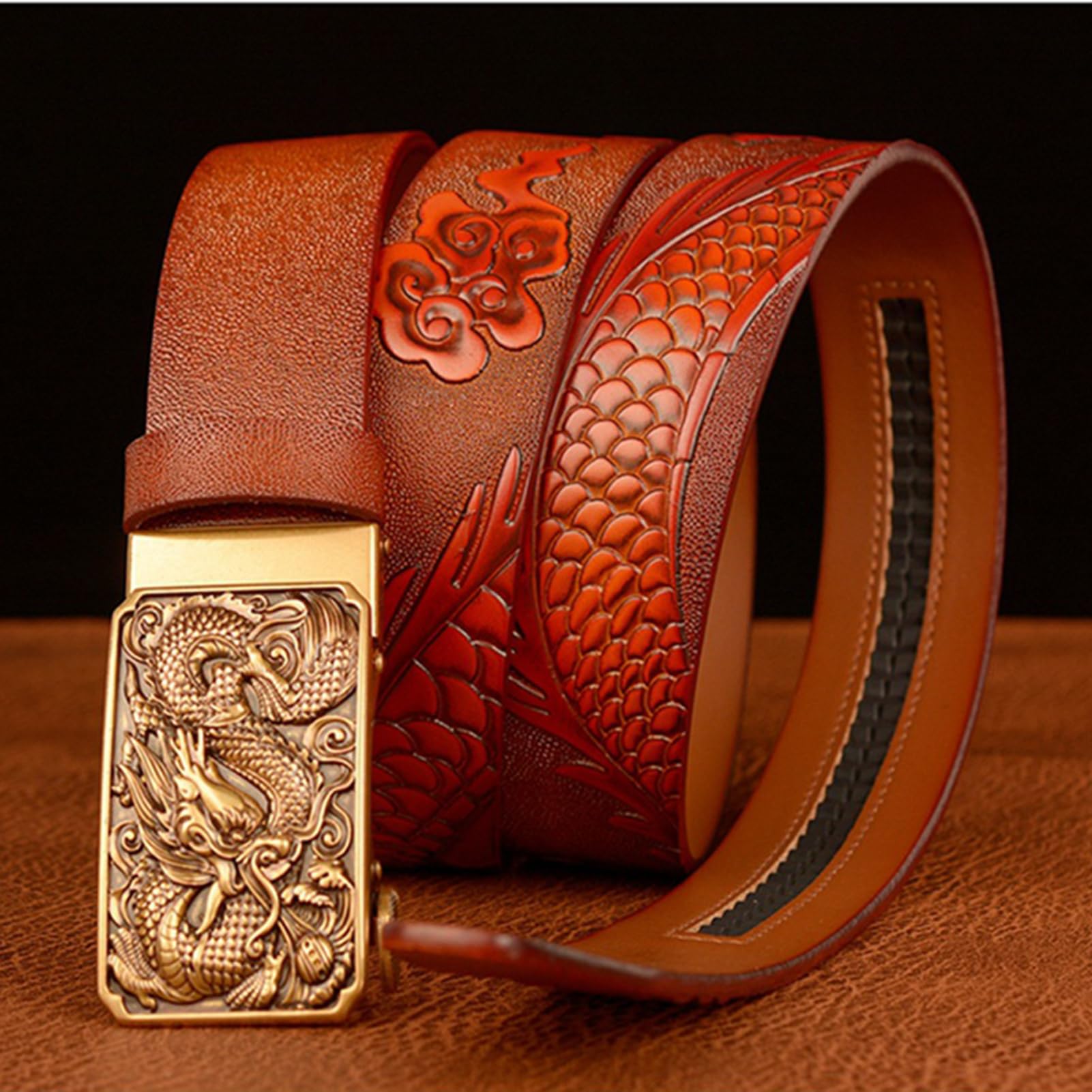 Cinturón De Trinquete For Hombre, Piel Auténtica, 3,5 Cm Ancho, Cierre Automático, Hebilla Deslizante, Escultura Decorativa Grabada En Oro