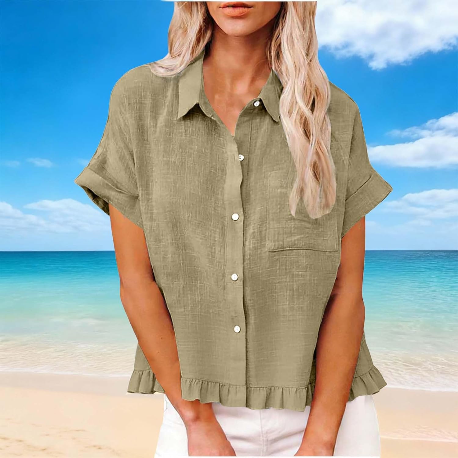 Womens Cotton Linen Collared Blouse Button Down Short Sleeve Loose Fit Top Summer Casual Ruffle Hem Top with Pocket
