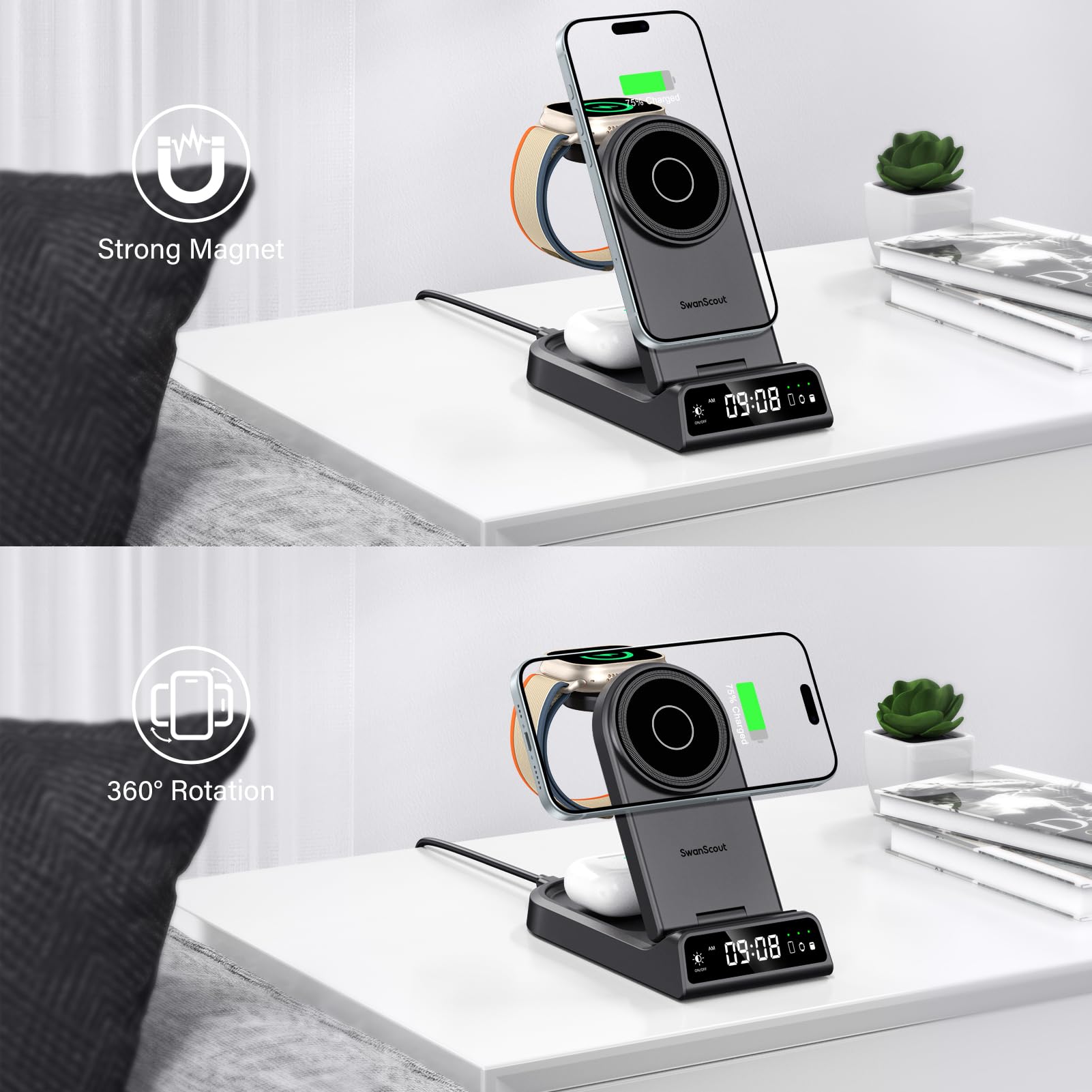 SwanScout mag-Safe Cargador Inalámbrico, 4 en 1 Magnética Estación de Carga para iPhone Air/17/16/15/14/13/12 Serie, Plegable Wireless Charger para Apple Watch Ultra 3/11/10/9/8/7/6/5, SwanScout 702M