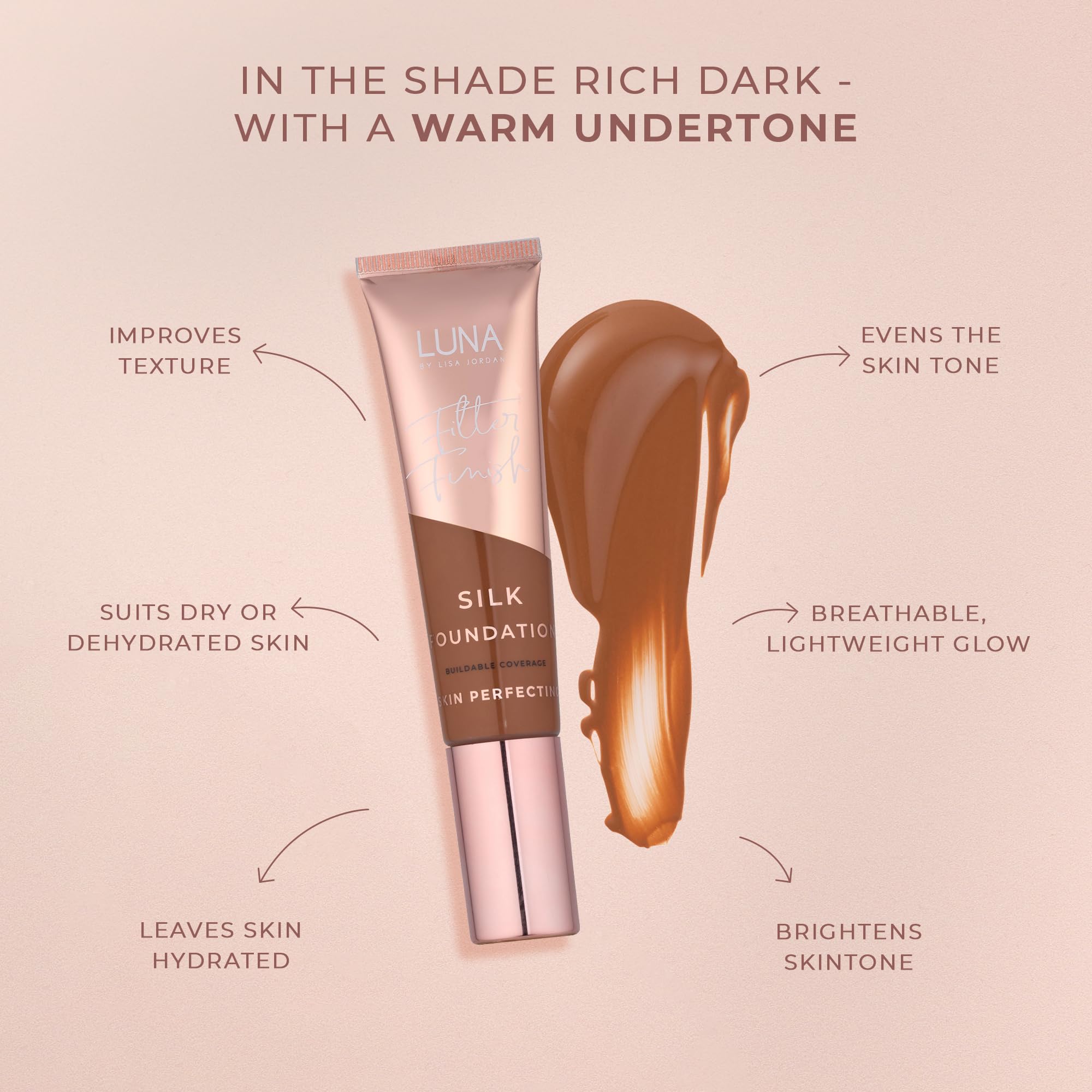 LUNA Silk Foundation in RICH PLUS BROWN Shade, Contains Hyaluronic Acid, Vitamin C & A, Aloe Vera, and Shea Butter - Image 3