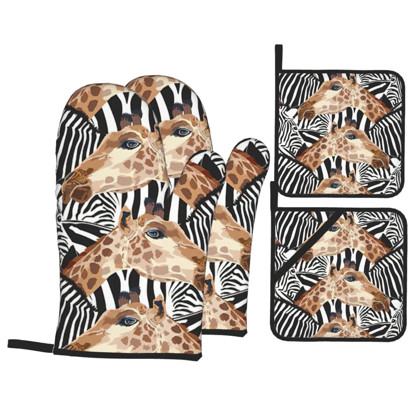 Zebra and Giraffe Print 4-Piece Oven Microwaving Set Waterproof Kitchen Gloves for Baking Grilling Cooking