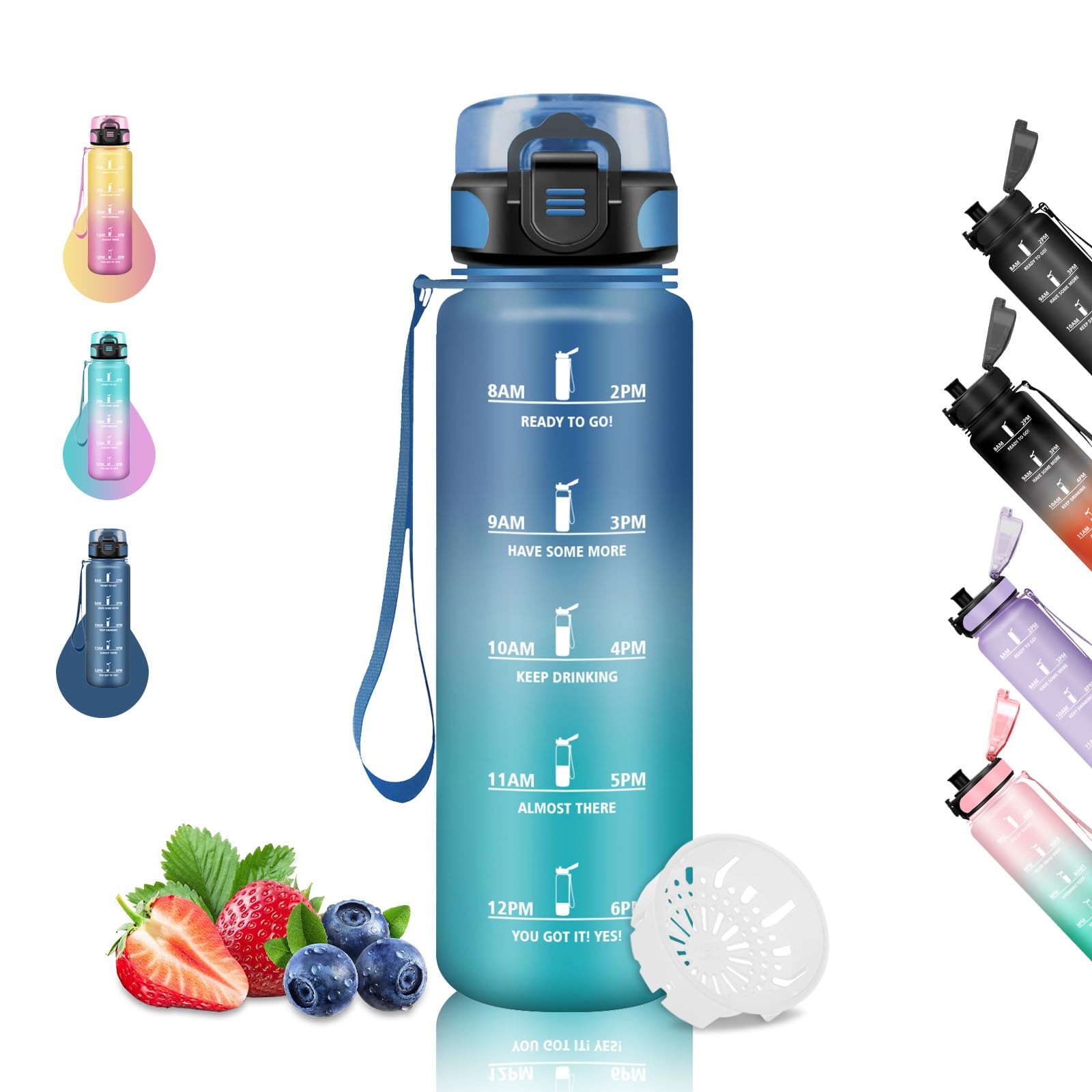Trinkflasche- 1 liter- Trinkflasche Sport, Trinkflasche Auslaufsicher, Leicht zu Reinigen, Trinkflasch Kohlensäure Geeignet, Wasserflasche für Fahrrad, Schule, Camping, Wandern, Running, Blau-Grün Sport & Freizeit