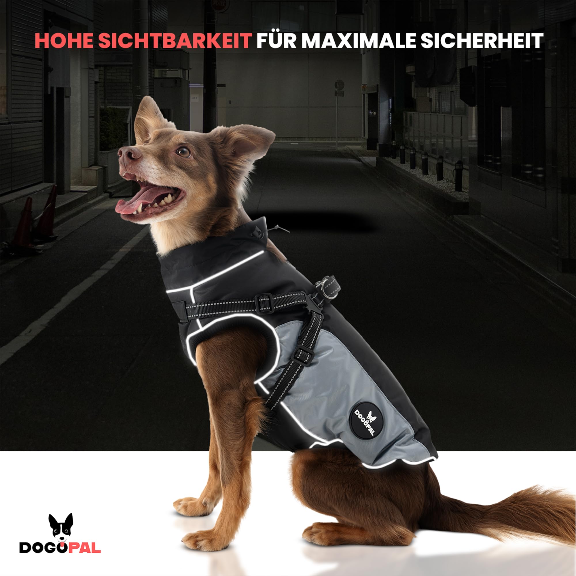 DOGOPAL Regenmantel Hund mit Integriertem Geschirr – Wasserdichter Hunderegenmantel, Winddichter Hundemantel, Reflektierende Regenjacke für Kleine & Große Hunde, Hohe Sichtbarkeit (Grau, 40)
