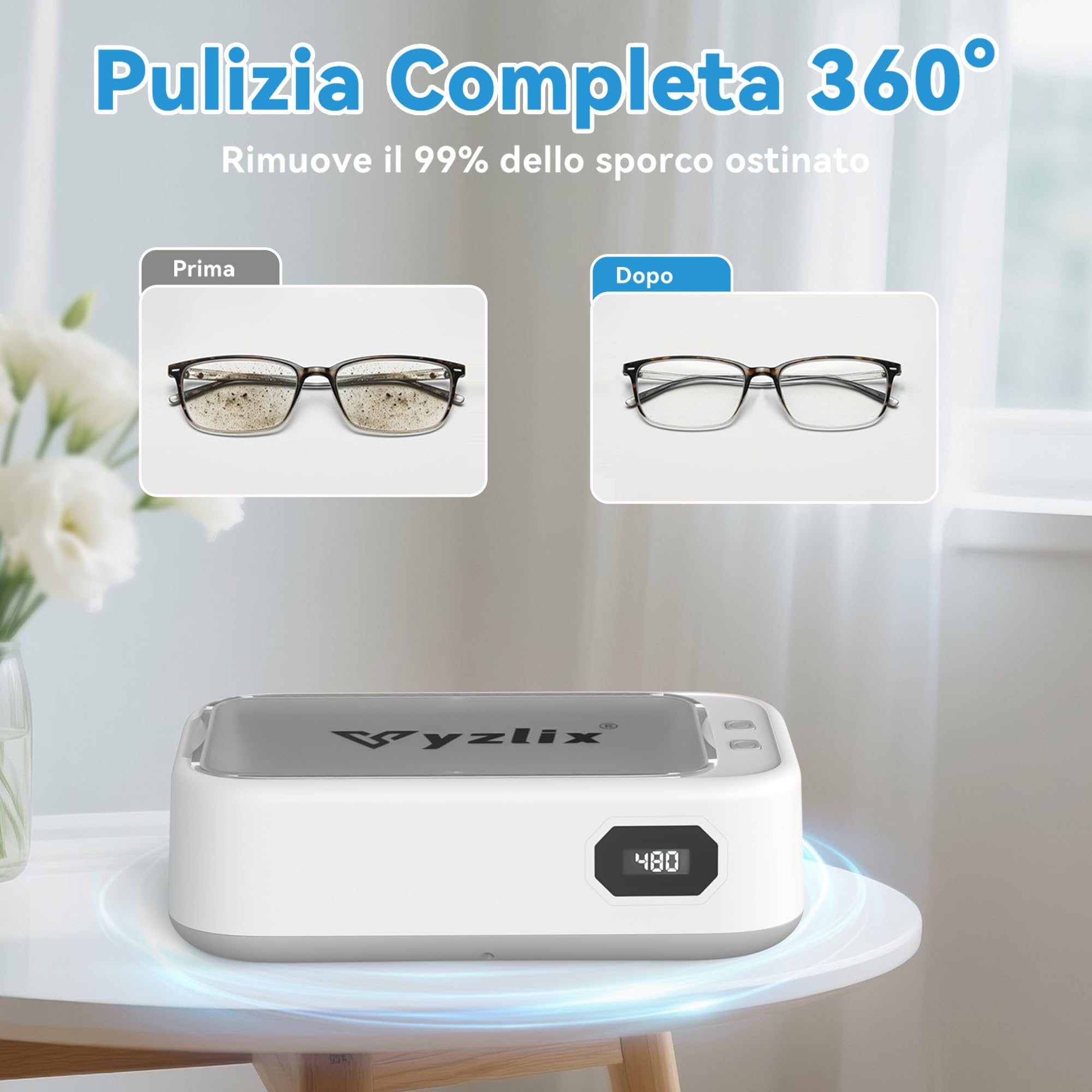 Pulitore Ultrasuoni，alta frequenza 49KHz ultrasonic cleaner，grande capacità 640ml display LED timer a 5 livelli portatile pulitore ultrasuoni apparecchio denti，adatto per gioielli, occhiali, anelli, o