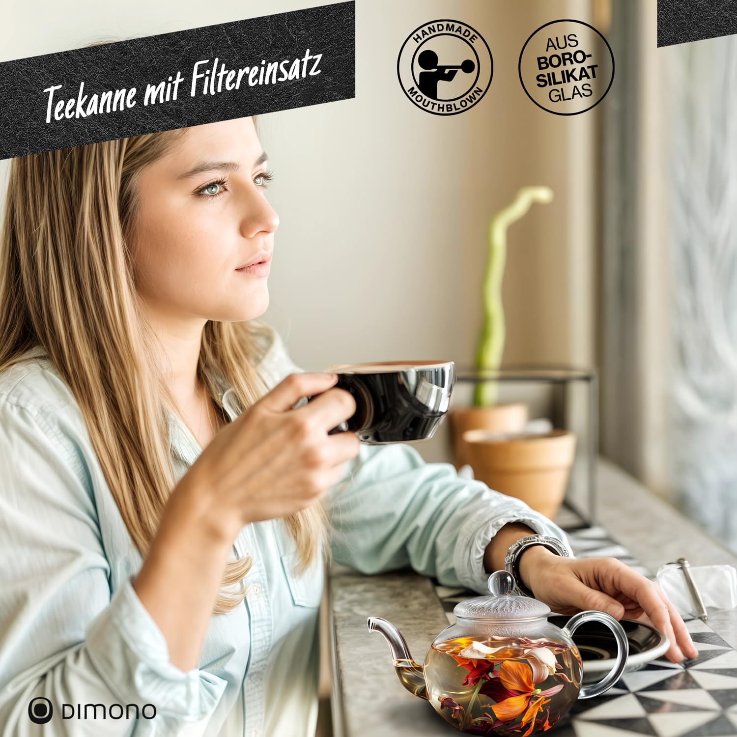 DIMONO® Szklany Dzbanek do Herbaty 600 ml z Sitkiem i Filtrem | Szklane czajniczki - szkło borokrzemianowe, ręcznie dmuchane, z pudełkiem prezentowym - idealny na prezent