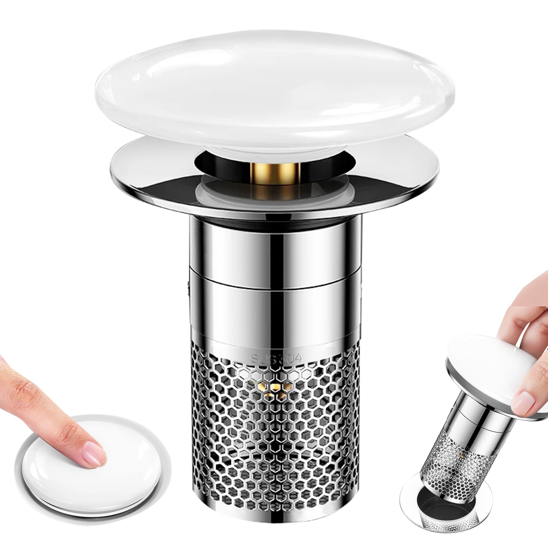 Pop Up Drain Strainer Stopper, Push Type Sink Plug with Stainless Steel Strainer and Ceramic Cap, Universal Replacement for Kitchen Bathroom Basin and Bathtub, Fits 34–40mm Drain Hole (1 Pc)