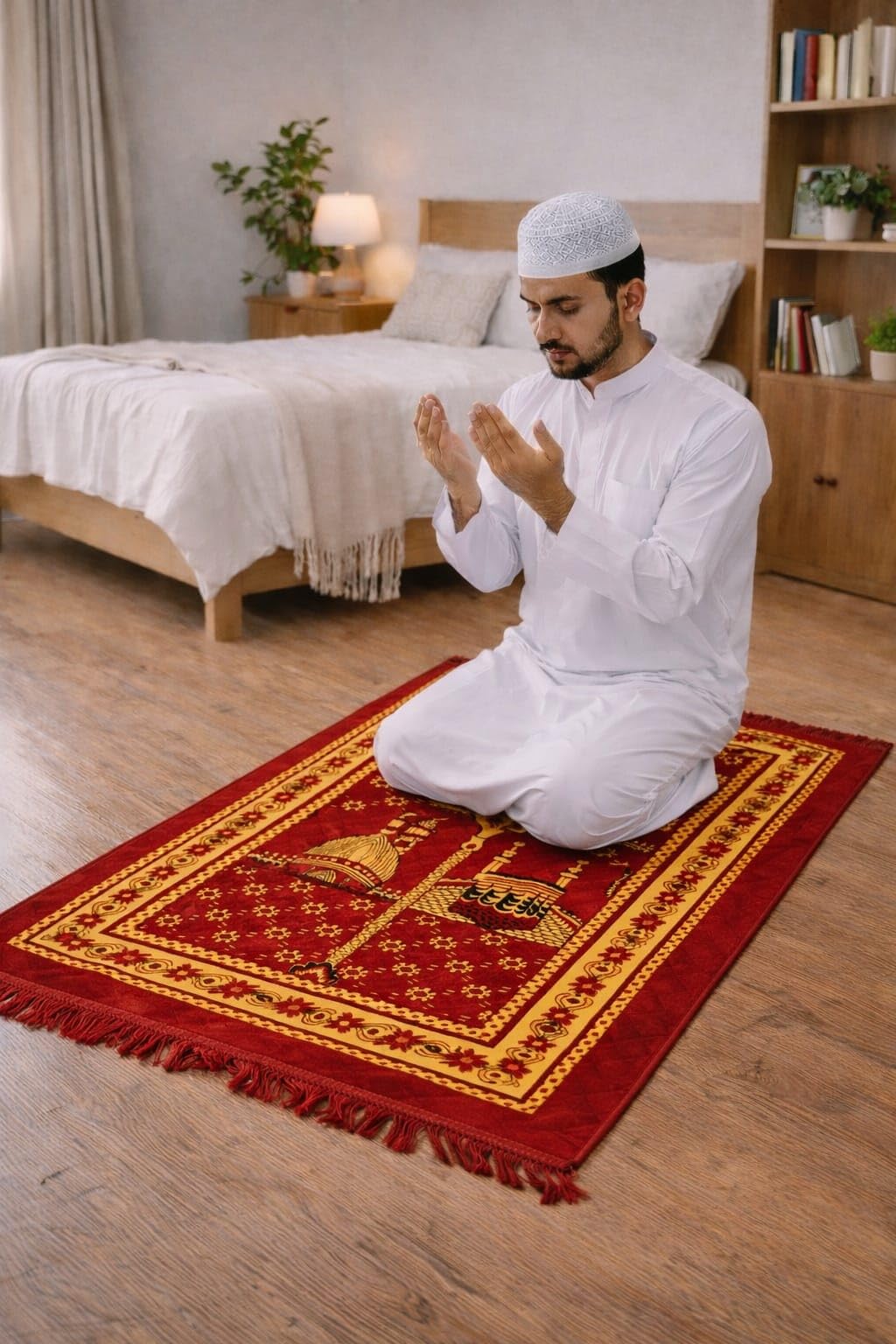 Velvet Janamaz Mat | Prayer Mat/Meditation Janamaz for Namaz/Meditation Mat/Muslim | Size 27x42 inch | Washable Soft Prayer Mat (Maroon)-picture-13