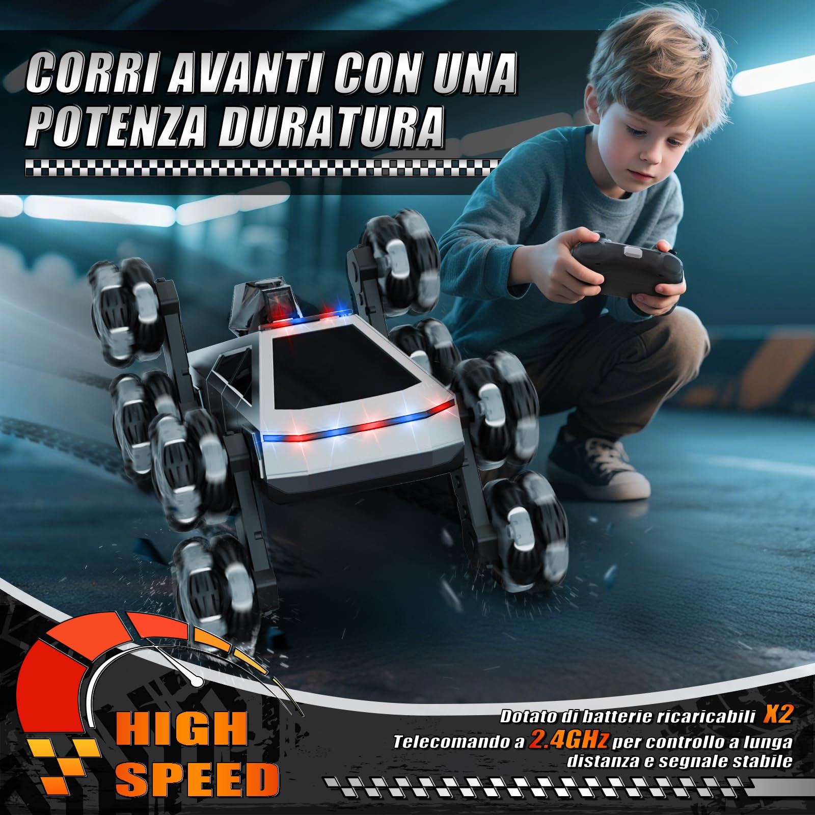 Macchina Telecomandata RC 8 Ruote Acrobatica, Veicolo Fuoristrada con Telecomando & Controllo Manuale, Luci LED, Musica, Spray, Giocattolo Bambini 5-11 Anni, Regalo di Natale per Ragazzi Ragazze