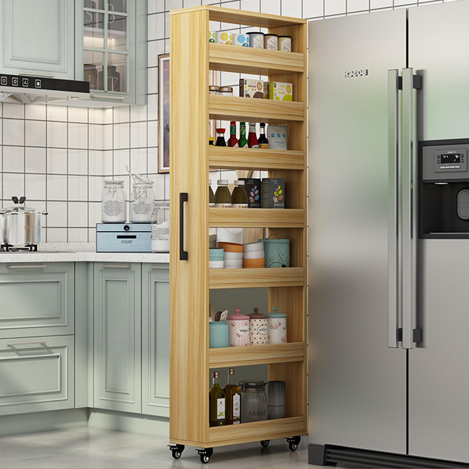 EQWZUPD 7 Tier Standing-Shelf with Wheels, 5.9/7.9/9.8'', Wooden Slim Storage Cart, Thickened Plate, Scratch-Resistant and Wear-Resistant, for Home,