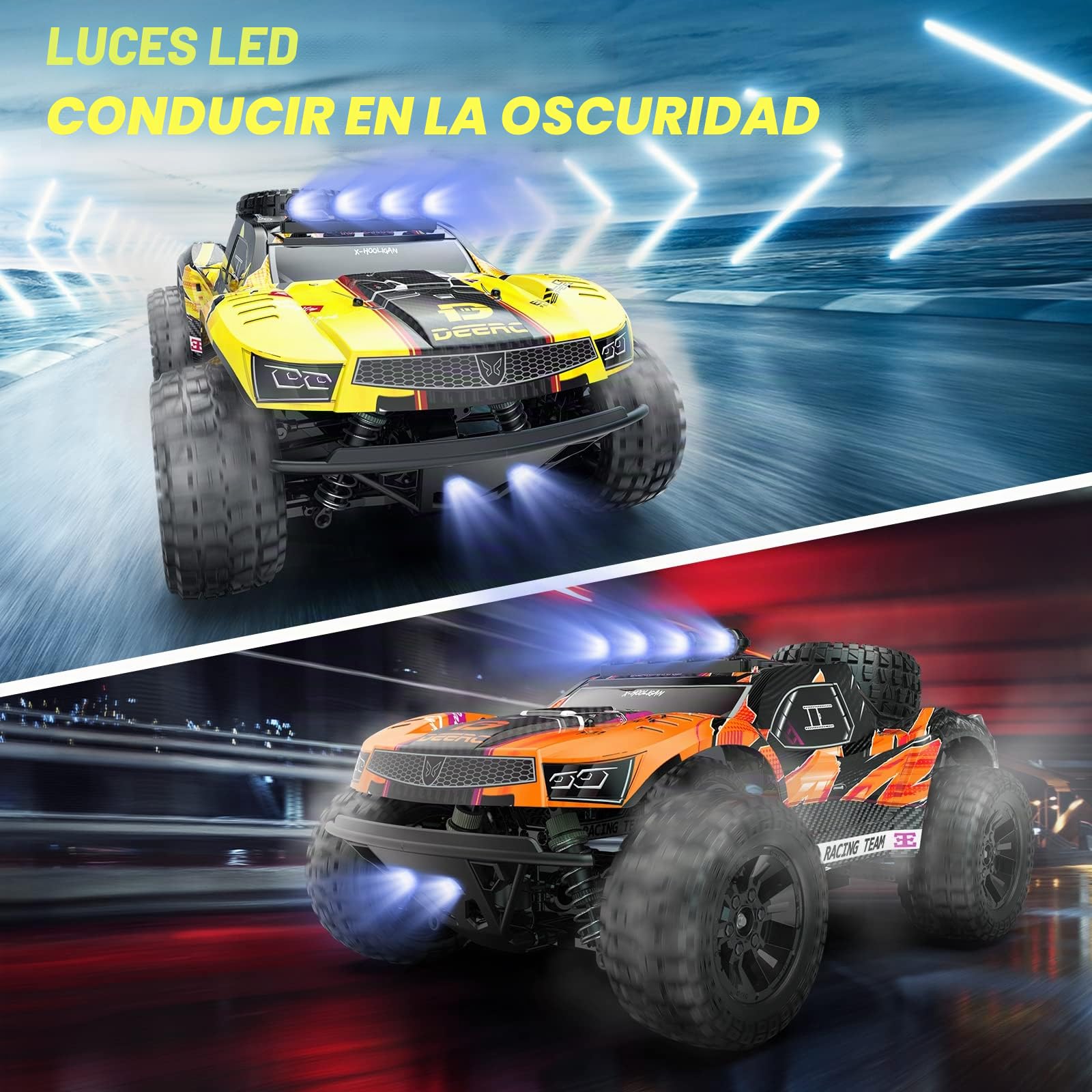 DEERC Coche teledirigido 1:10 con luces RC 48 km/h 4WD Offroad Hobby Grade Monster Crawler con 2 baterías de 40 minutos de autonomía, 2 bandejas para coche, para adultos, niños (9201E)