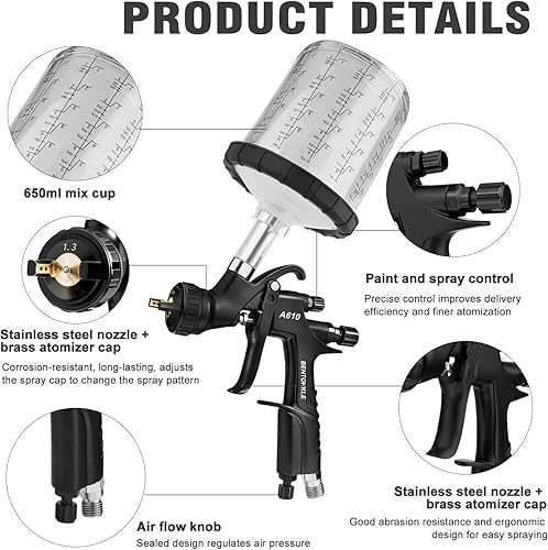 Miniatura 4 de A610 LVLP Pistola de aire con 10 vasos de pintura desechables de 22.0 fl oz, pistolas de pintura automotriz, pistola de pintura pulverizadora para