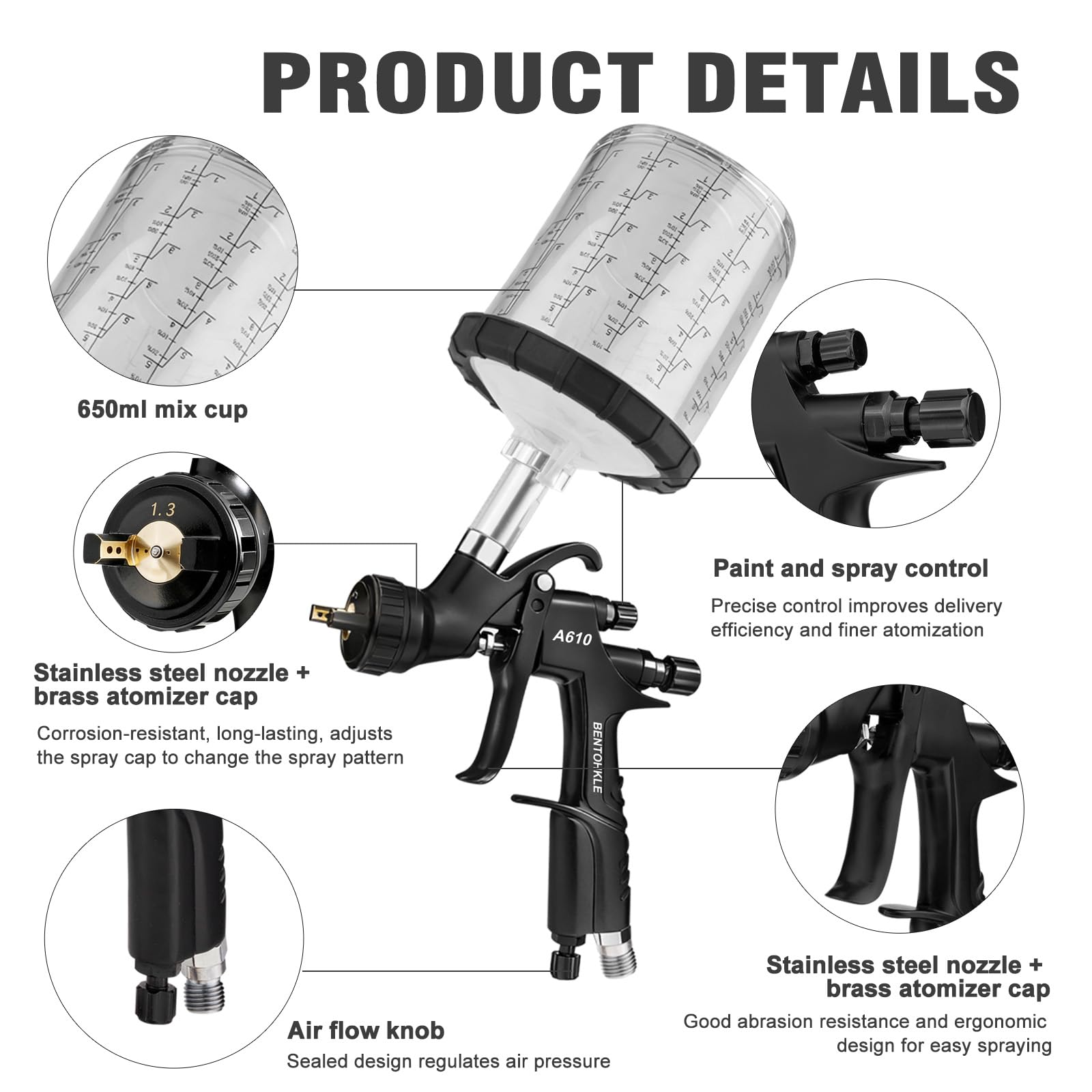 BENTOHKLE A610 LVLP Air Spray Gun with 10PCS 650ML Disposable Paint Cups, 1.3/1.5/1.7mm Nozzles& Air Gauge, R500 Automotive Paint Gun for Car Painting (LVLP Spray Gun with Disposable Paint Cups) - 5