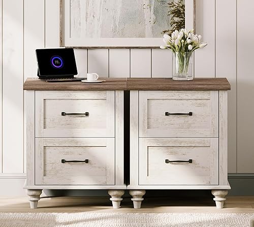 Miniatura 11 de WAMPAT Mesita de noche blanca para dormitorio con estación de carga, mesa auxiliar de mediados de siglo con 2 cajones, mesita de noche de madera