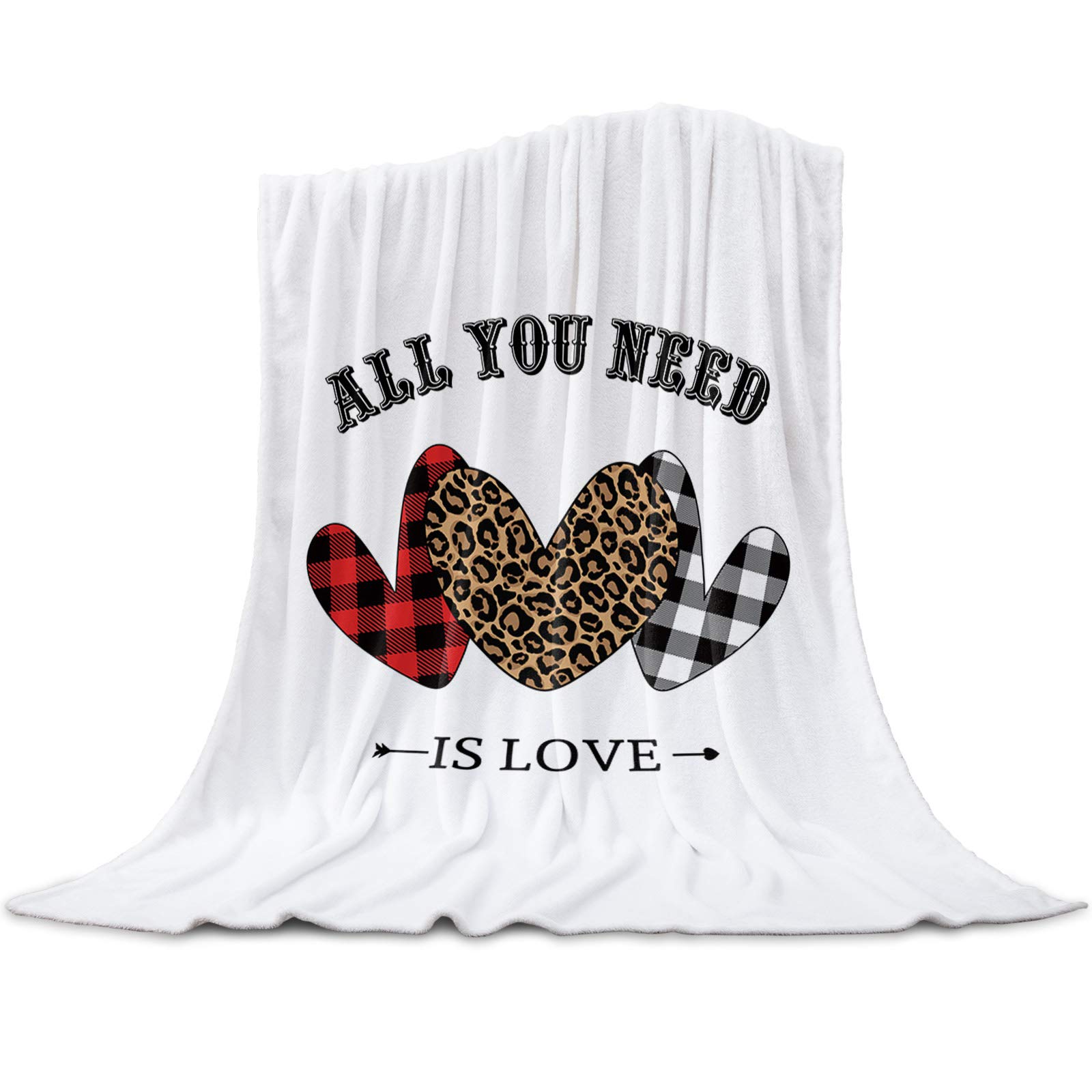 Sailground Flannel Fleece Throw Microfiber Blanket Super Soft Cozy Blanket Valentine's Day Leopard Red Plaid Heart Lightweight Fuzzy Bedding Fleece Blanket for Couch Sofa Bed