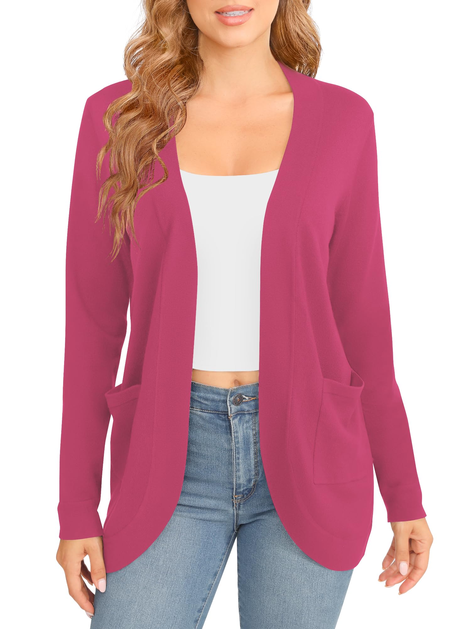 EXCHIC Femmes élégant Léger Manches Longues Cardigan Ourlet Incurvé Front Ouvert Jersey Tricot Pulls avec Poches