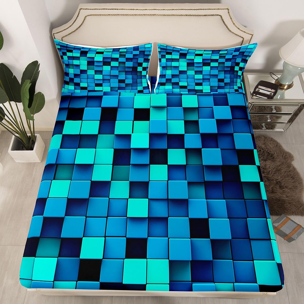 Sábana bajera ajustable de bloques geométricos 3D, tamaño King (no plana), juego de ropa de cama de 3 piezas, decoración de habitación de niñas y niños y mujeres, sábanas modernas de videojuegos de