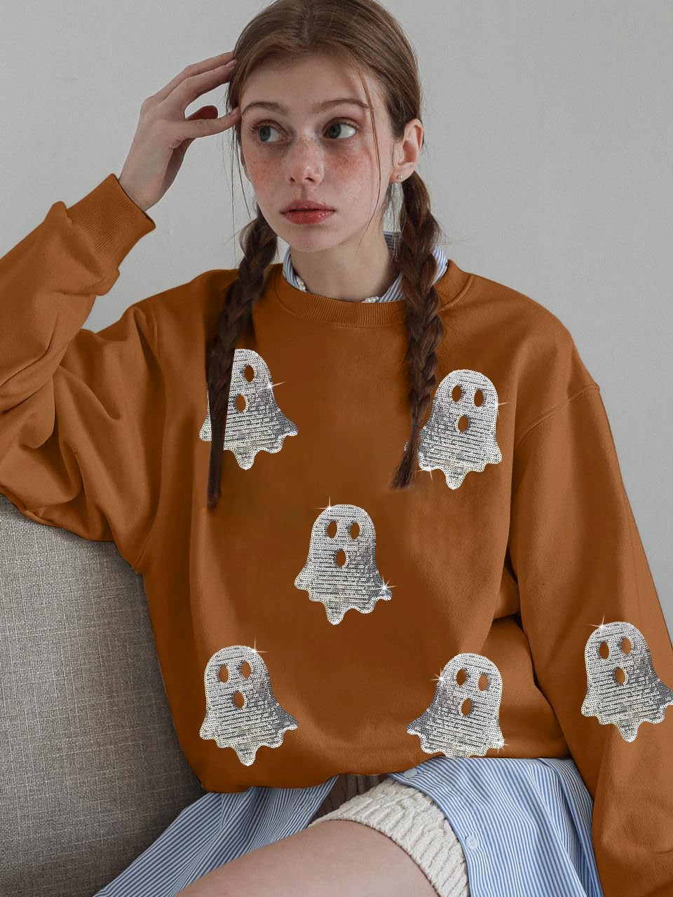 Halloween Sweatshirts for Women Sequin Ghost Long Sleeve Shirt Oversized Spooky Season Pullover Tops - Image 2