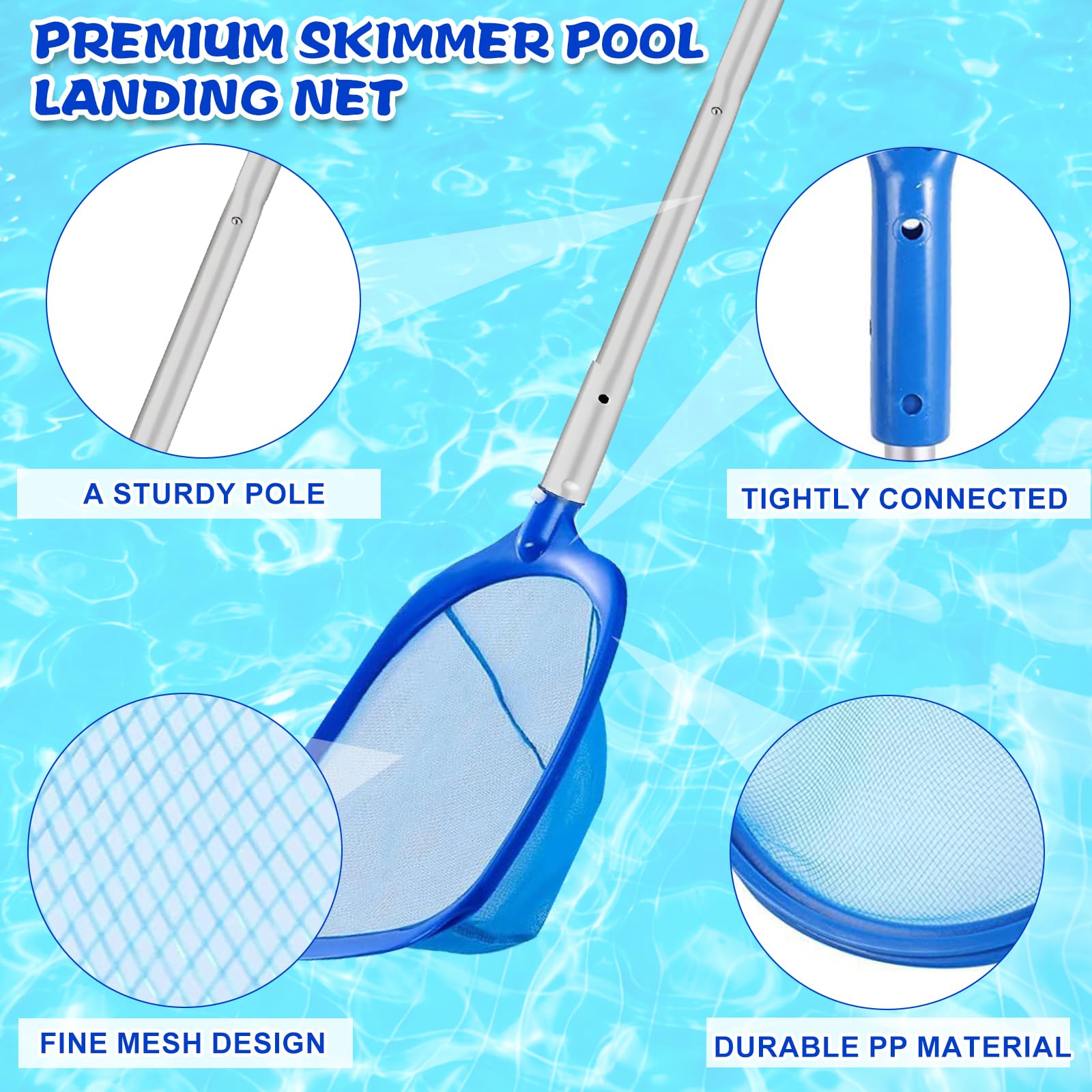 Epuisette Piscine avec Manche Telescopique 2,1 M, Écumoire de Piscine à Mailles Fines avec Brosse, Écumoire à Tamis à Mailles Fines, Kit d'écumoire de Piscine avec Chiffons de Nettoyage pour Piscines
