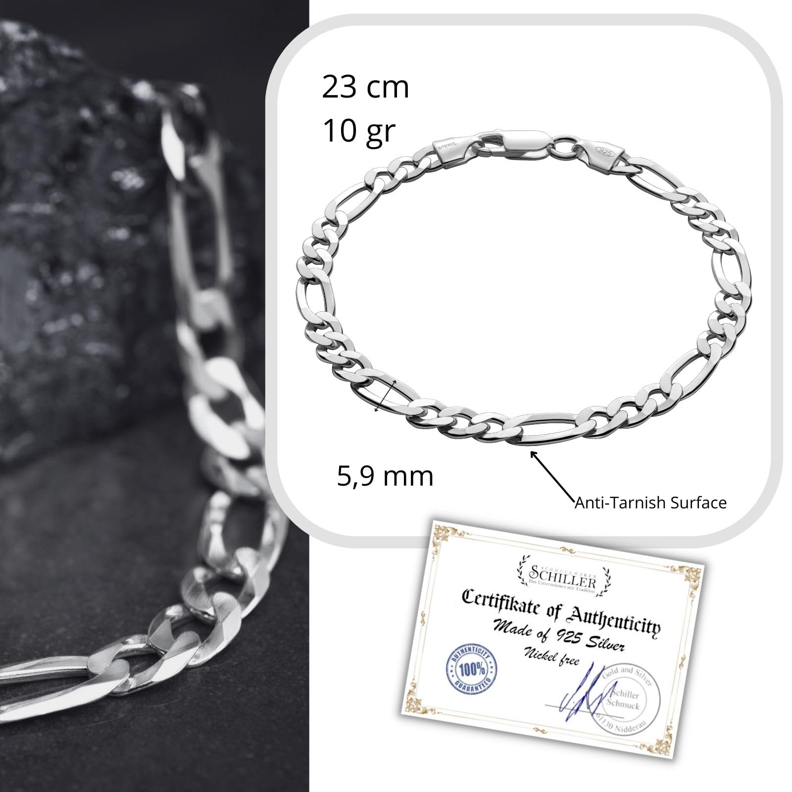 Herren-Armband aus massivem 925 Silber, ideal als Geschenk für Mann oder Freund, mit Schmuckbox