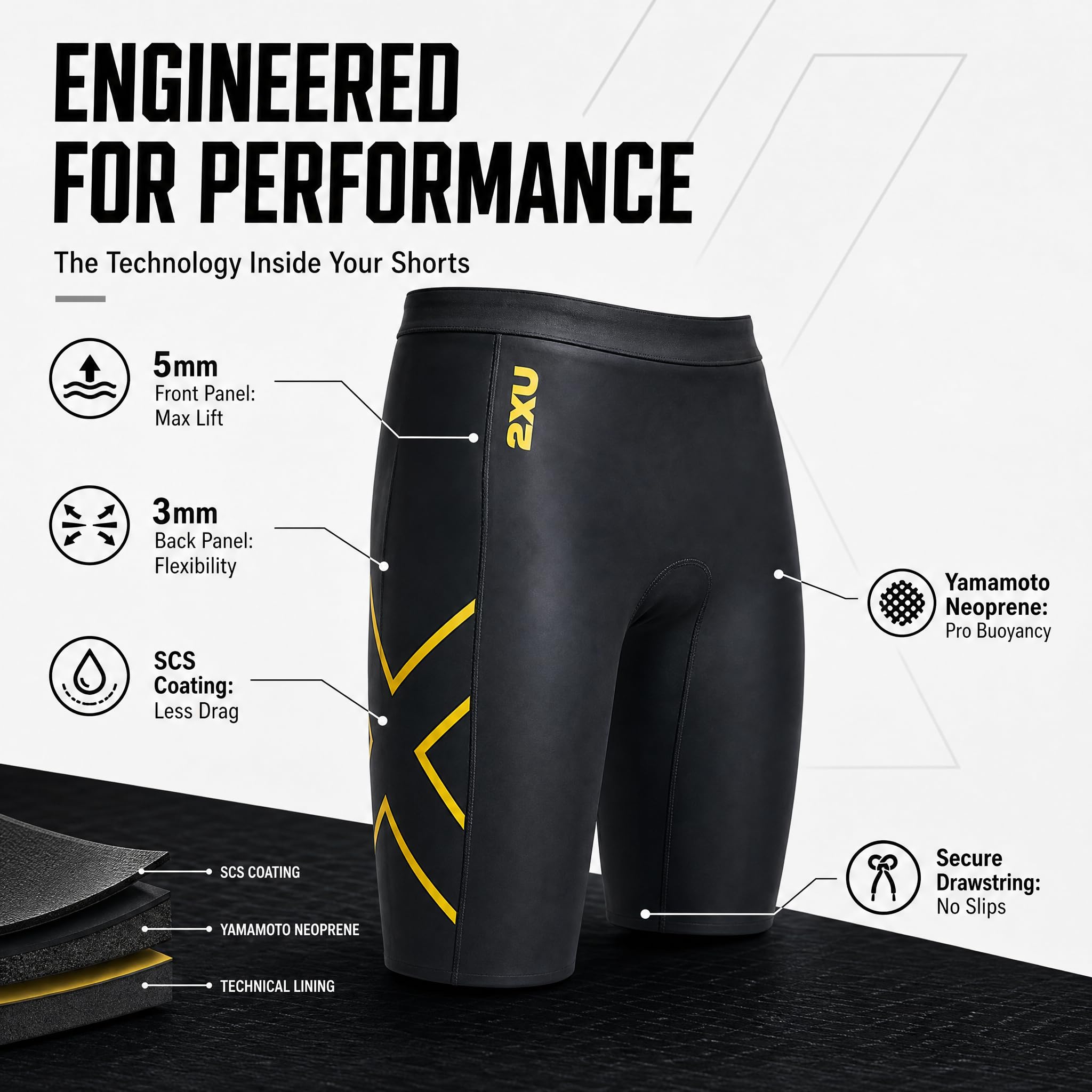 2XU - Krótkie spodenki wyporowe - gumowy nylonowy materiał do pływania - czarny