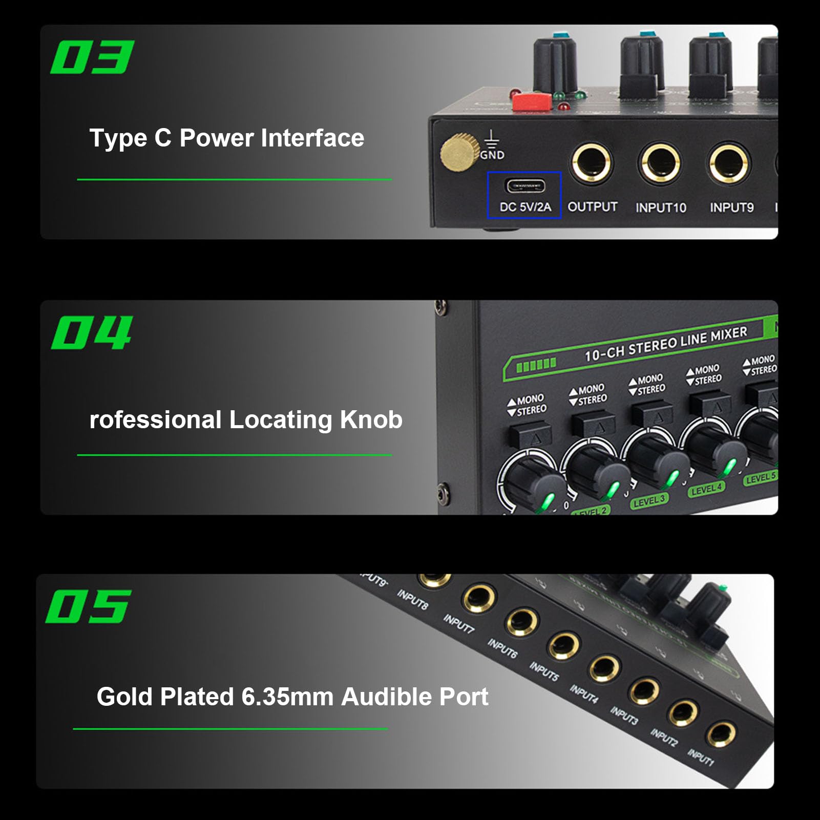 Fafeicy 10-Kanal Audio Mixer Stereo/Mono Line Mixer für Gitarre Bass Keyboard Studio Bühne Aufnahme DC 5V