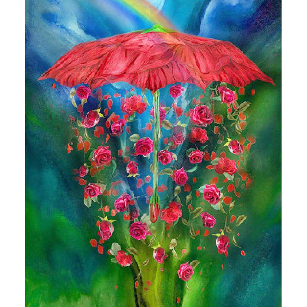 Peinture Diamant 5D Parapluie Rouge Romantique sous la Rose en Strass Carrés 50x60 cm
