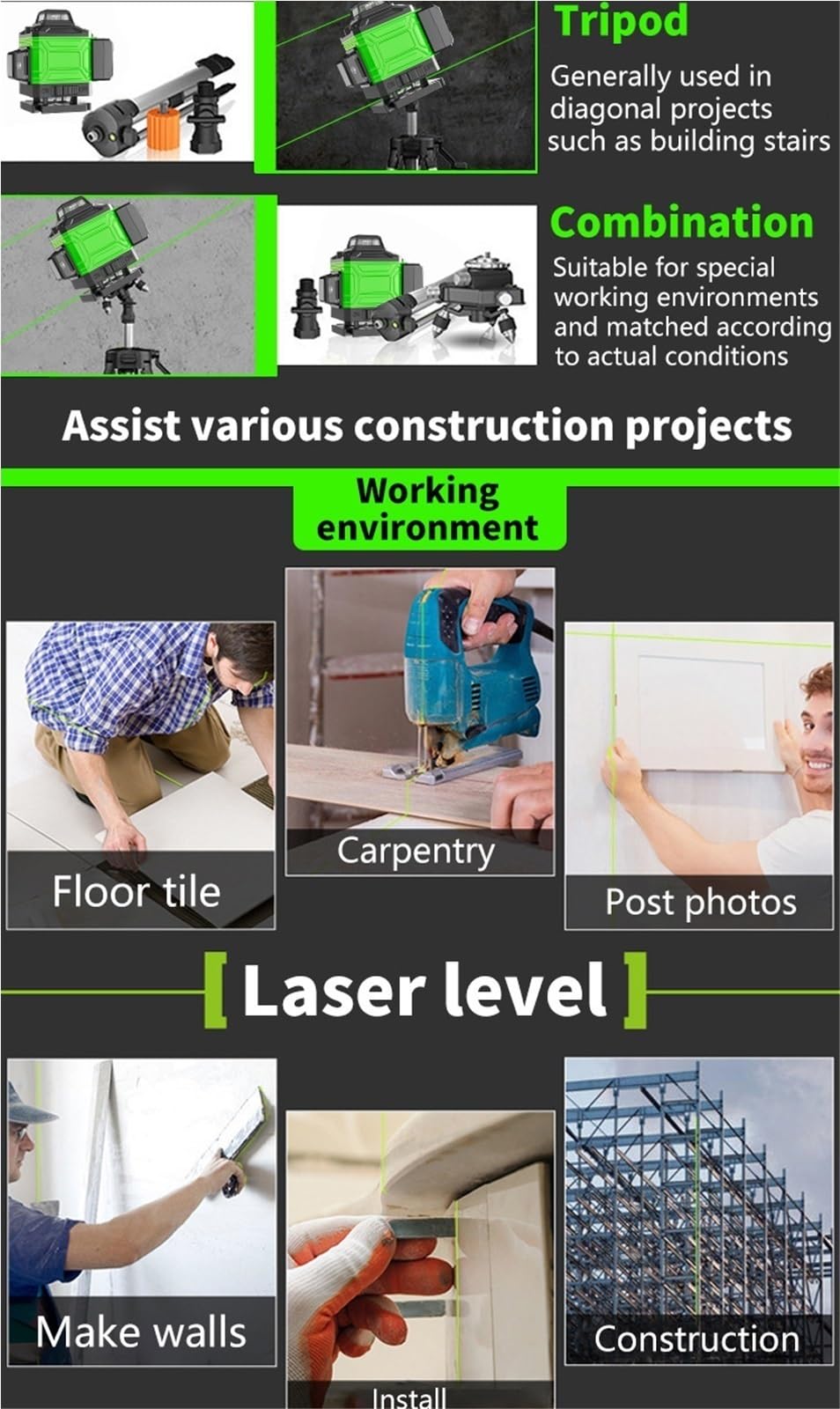 Nivel láser, Nivel Láser 4D, Herramienta De Nivelación Automática 360 ​​°, Máquina Omnidireccional Pared Suelo Con Soporte Trípode 1', 2M, 8/12'/16 Líneas,para carpintería(A,8 lines)