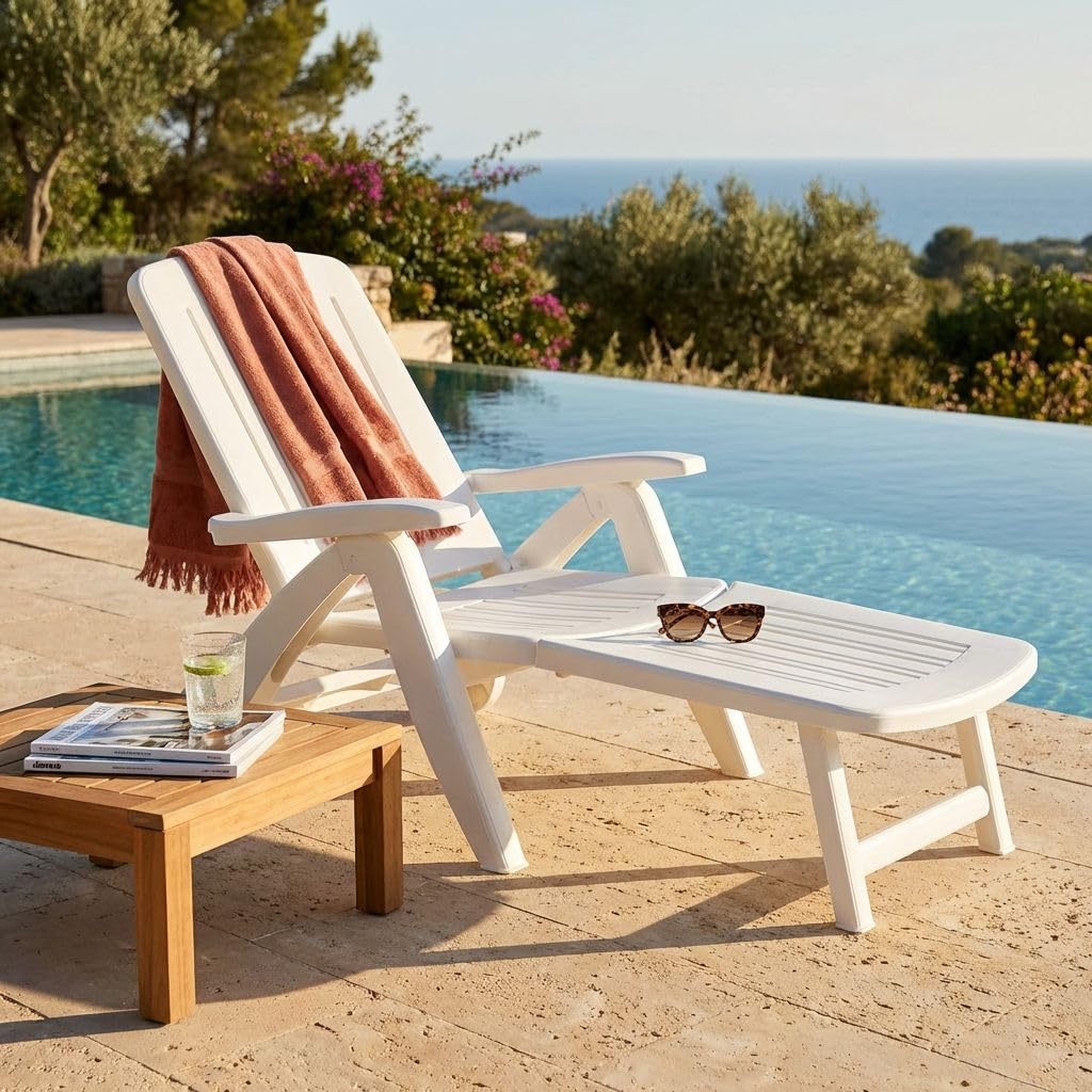 MilaniHome.it - Lettino Sdraio con Ruote in Plastica Resina per Campeggio Spiaggia Mare Piscina Giardino Esternodi coloreBianco