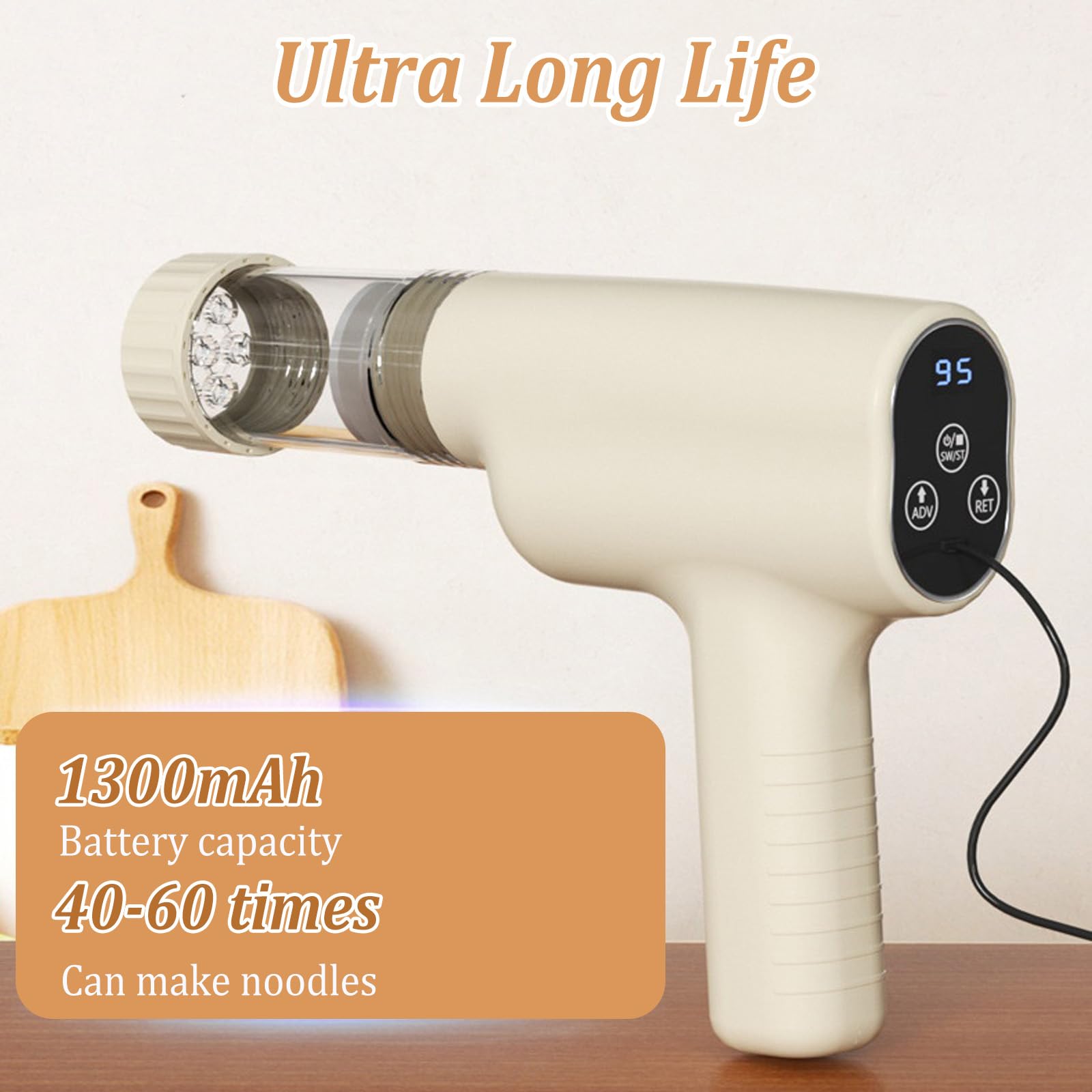 Presses à Pâtes électriques, Machine à Pâtes électrique avec 7 Moules à Nouilles Portable Machine à Pâtes Fraîches Rechargeable 1300mAh ABS Machine à Pâtes pour Spaghetti Fettuccine Beige