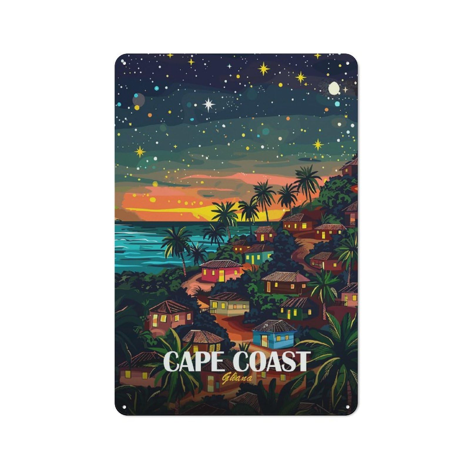 Junmoney Style-12 Tin Wall Plaque 30X20cm With Cape Coast Ghana Night Illustration For Man Cave Or Games Room, A Christmas Gift For Leisure-Room Decor Enthusiasts