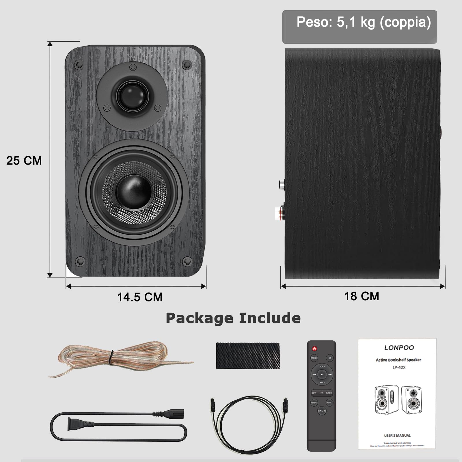 LONPOO LP-42X Attivi Diffusori da scaffale 100W RMS | woofer 4" fibra di carbonio | connettività HDMI ARC, Ottica, Coassiale, Bluetooth 5.3, AUX-IN, USB, telecomando (nero)