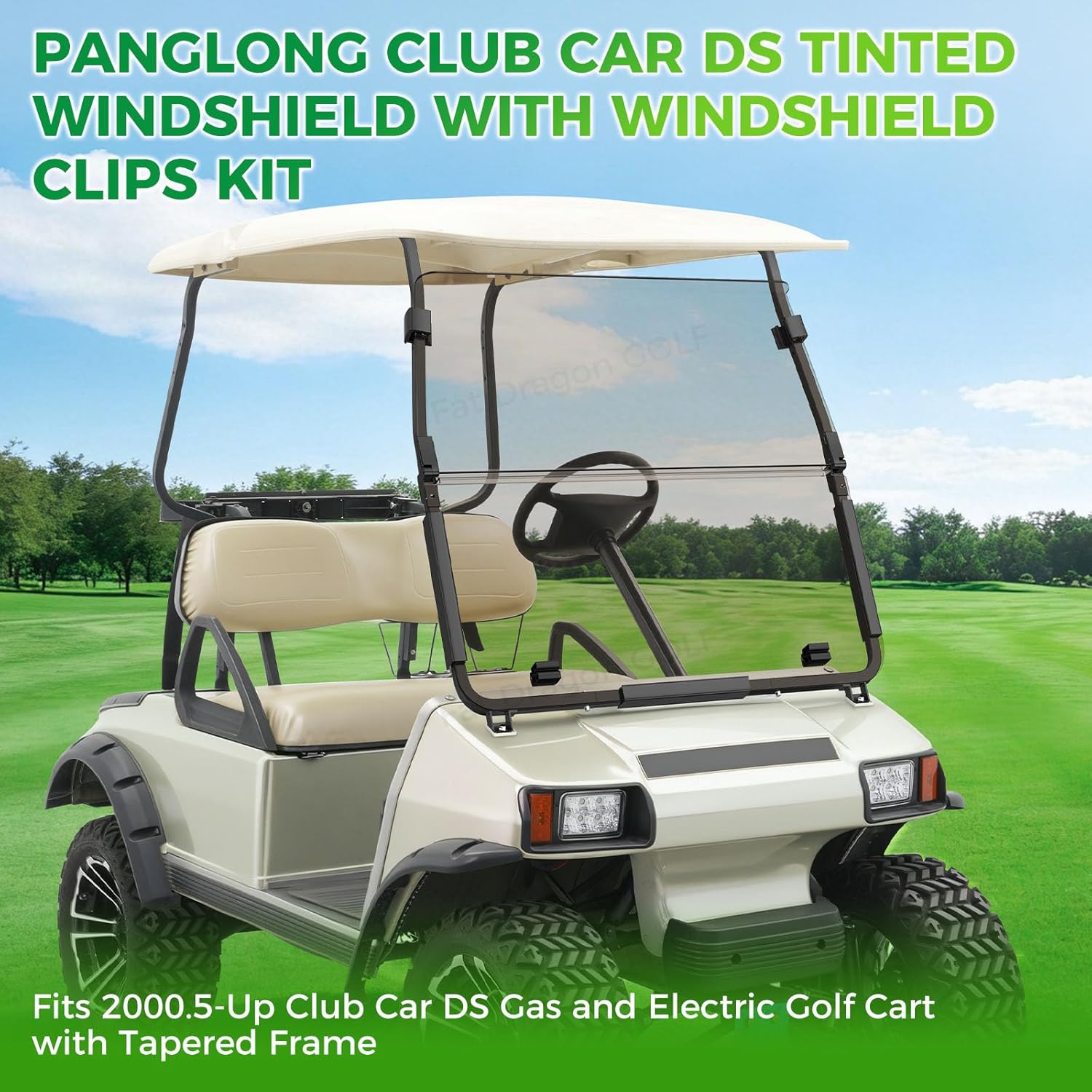Panglong Golf Cart DS Tinted Windshield for 2000.05 Newer Club Car DS, DS Windshield Foldable, Anti-UV and Impact Resistant, with Windshield Clip Kit
