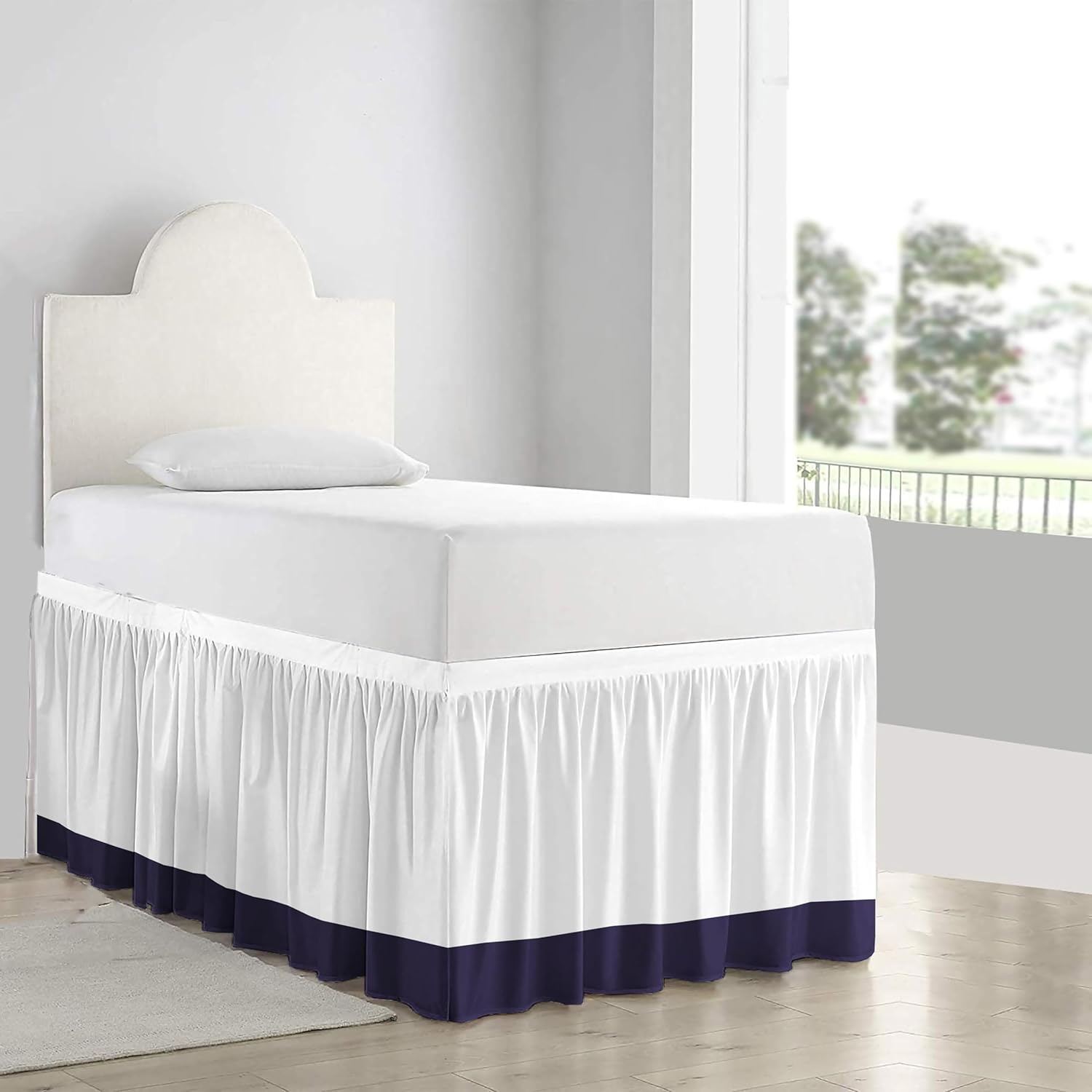 Two Tone Dorm Bed Skirt Twin-XL 38 in. Drop - College Dorm Bed Skirt - Two Tone Bed Skirt - Extra Long Dorm Room Bedskirts 38-Inch Tailored Drop - 100% Microfiber Bed Skirts - (Navy Blue - White)
